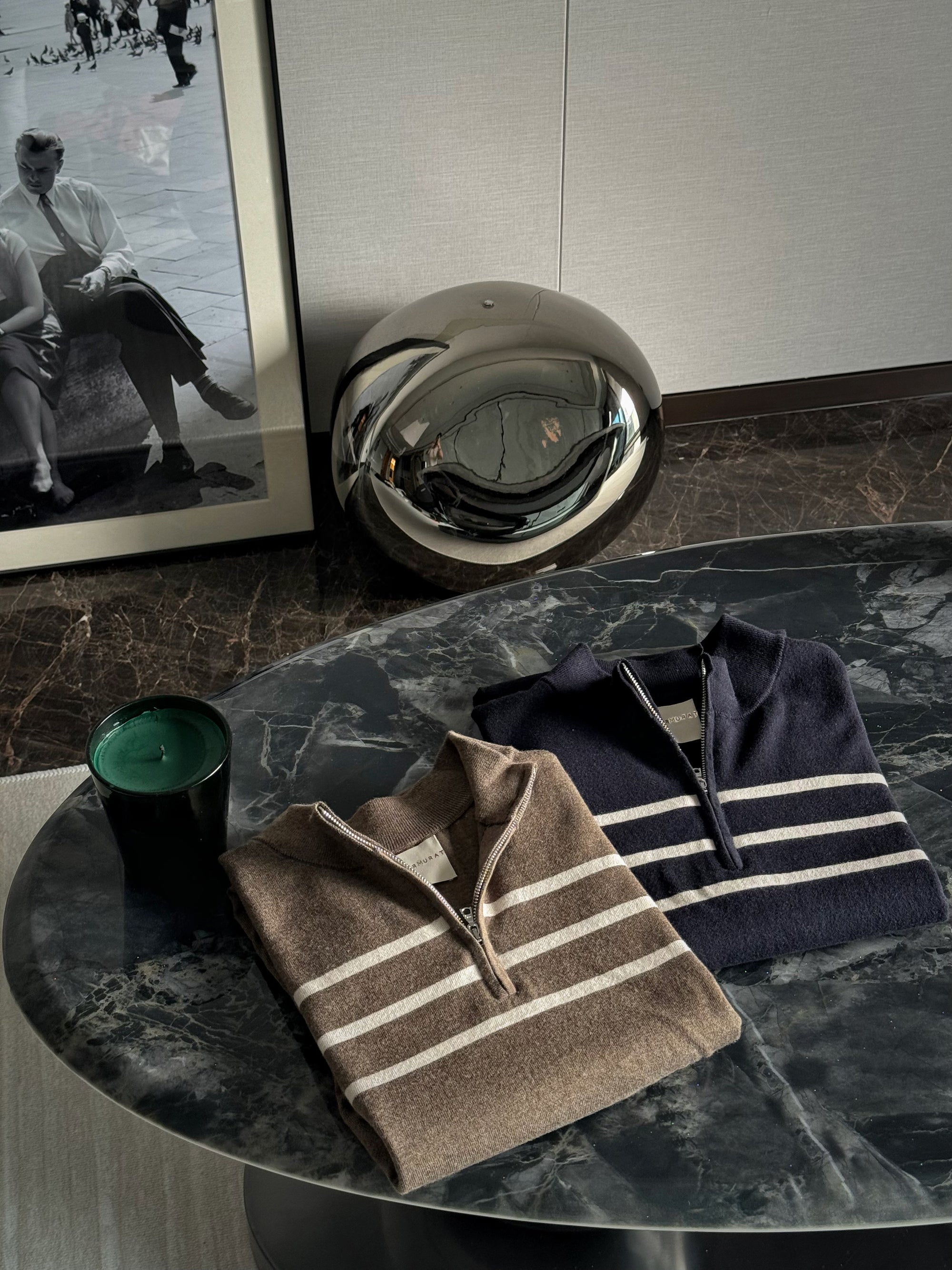 Mocha / Navy Cotton Blending Knitted Short Sleeve Mock Neck