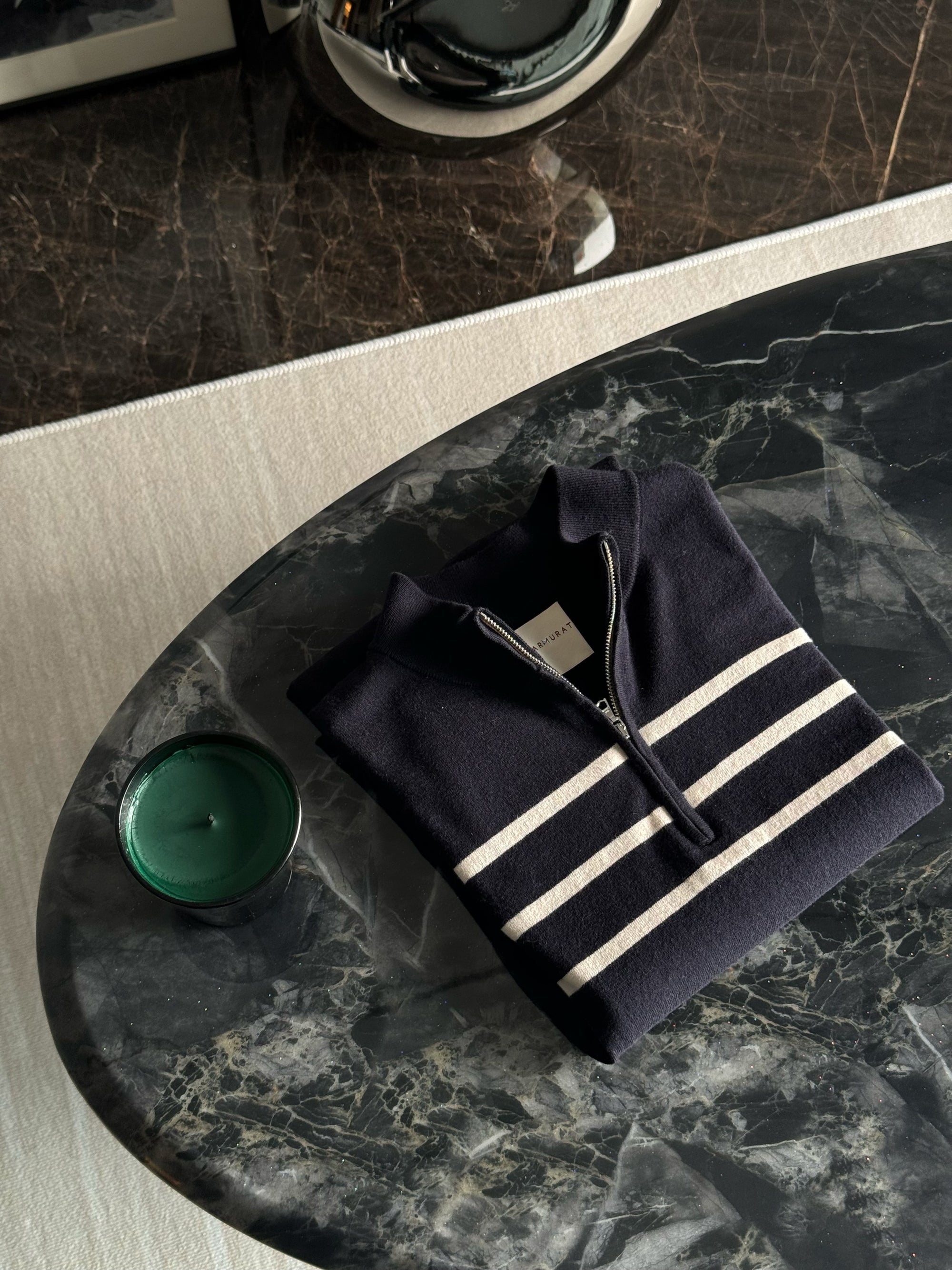 Mocha / Navy Cotton Blending Knitted Short Sleeve Mock Neck