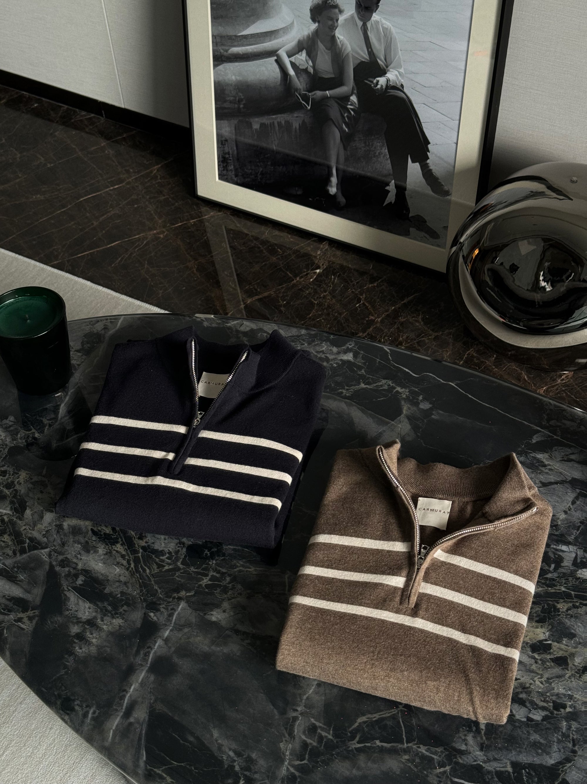 Mocha / Navy Cotton Blending Knitted Short Sleeve Mock Neck