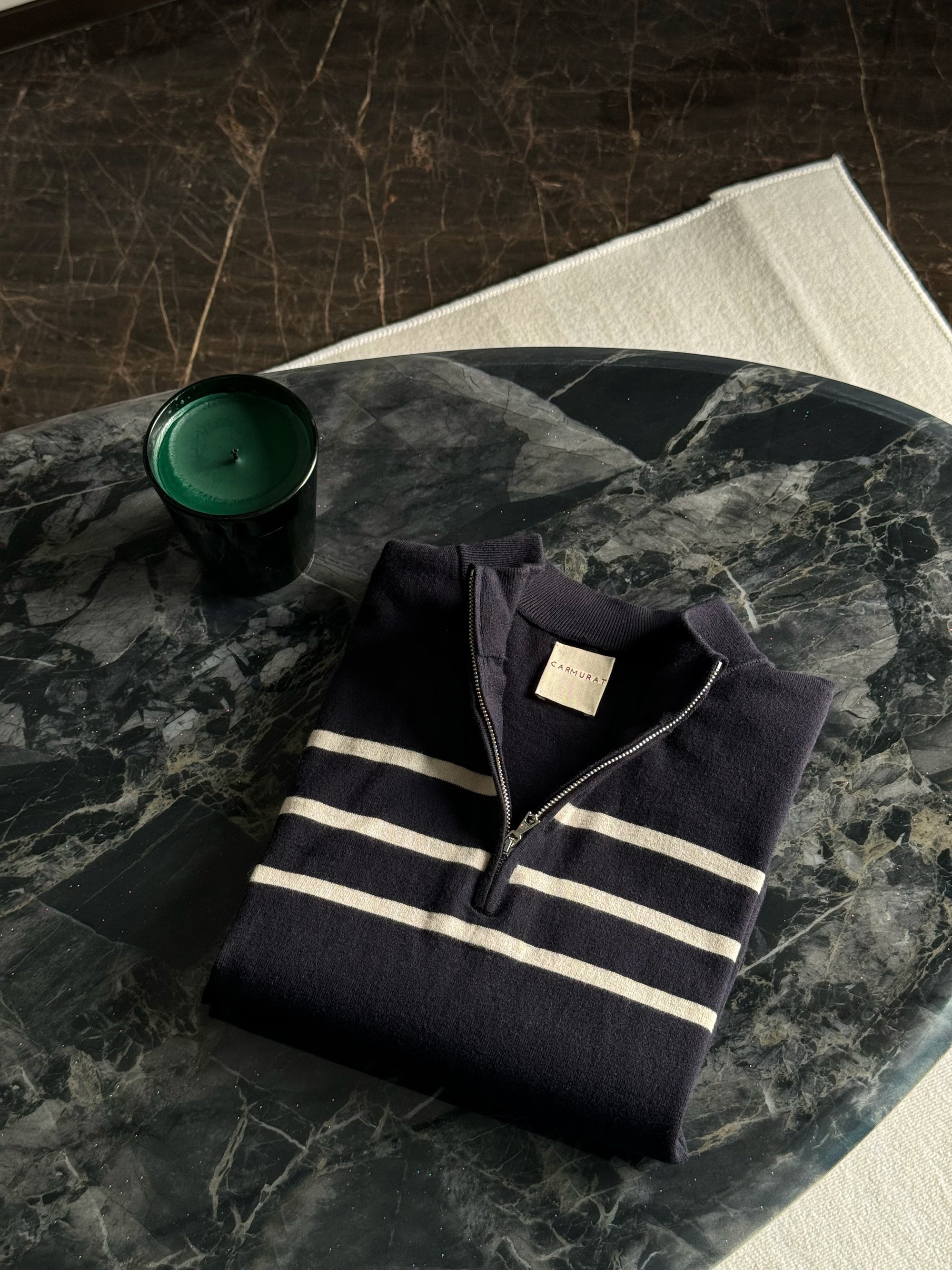 Mocha / Navy Cotton Blending Knitted Short Sleeve Mock Neck