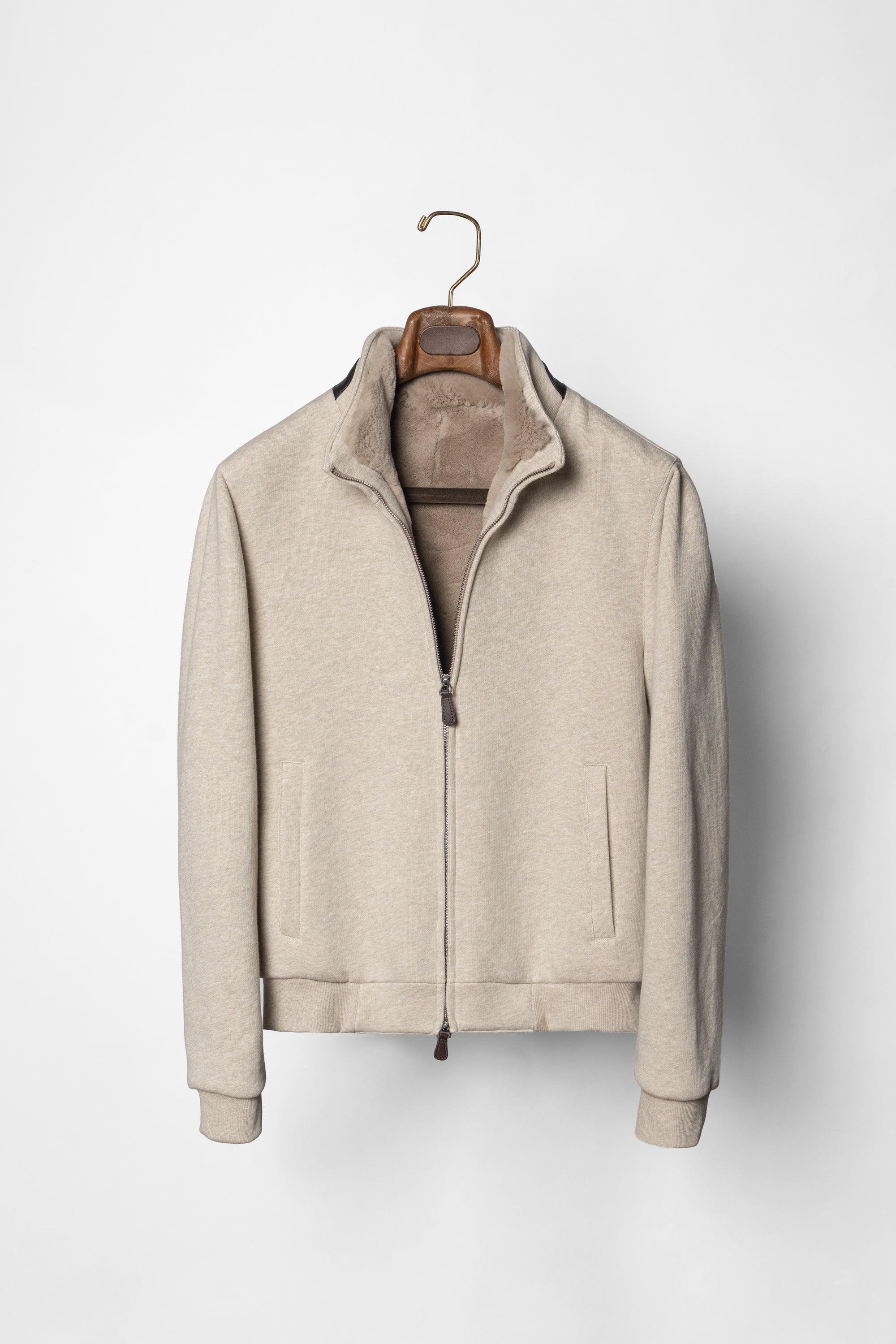 Beige Cotton Rex Fur Bomber Jacket #138