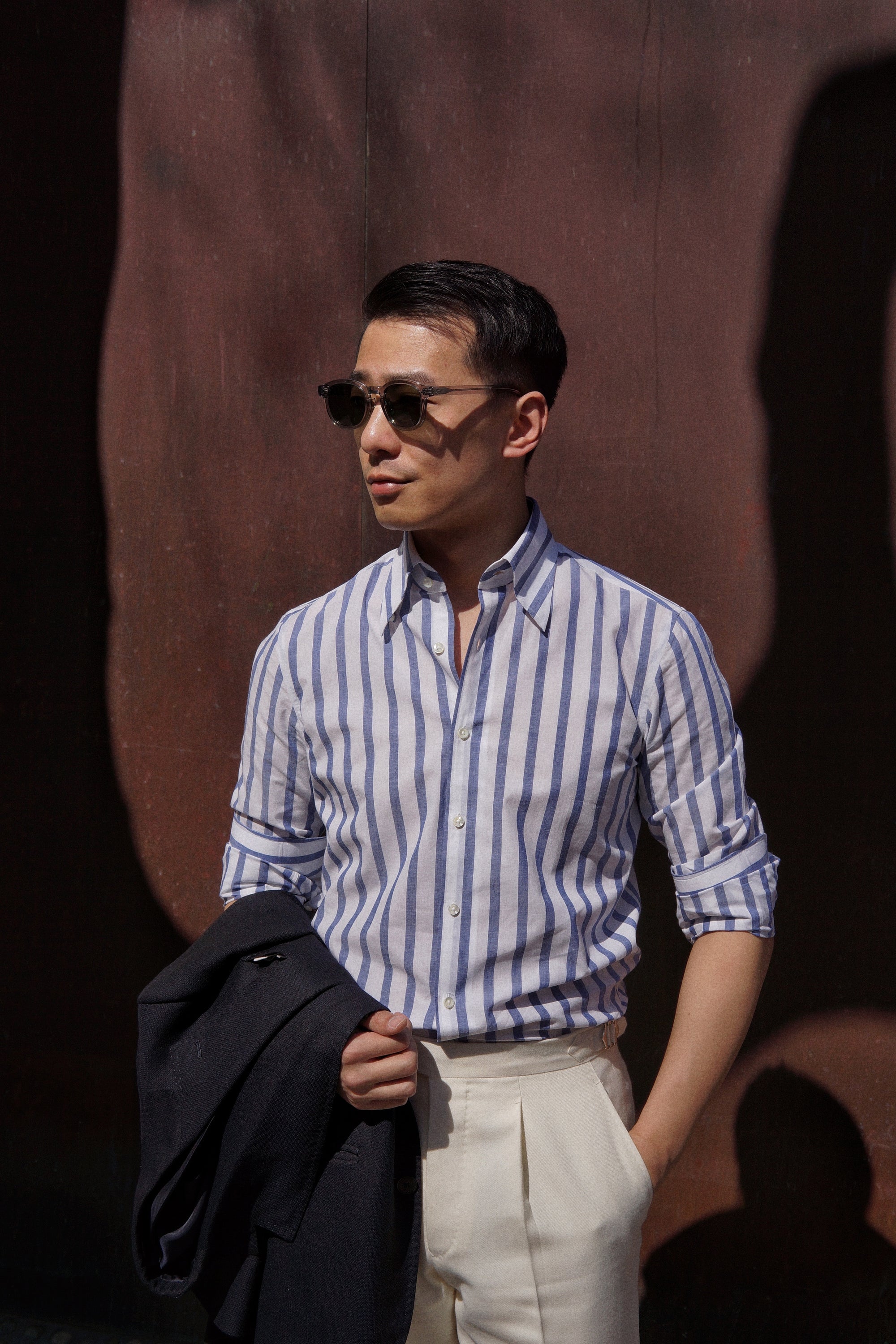 MTO Navy Wide Stripe Blending Shirt