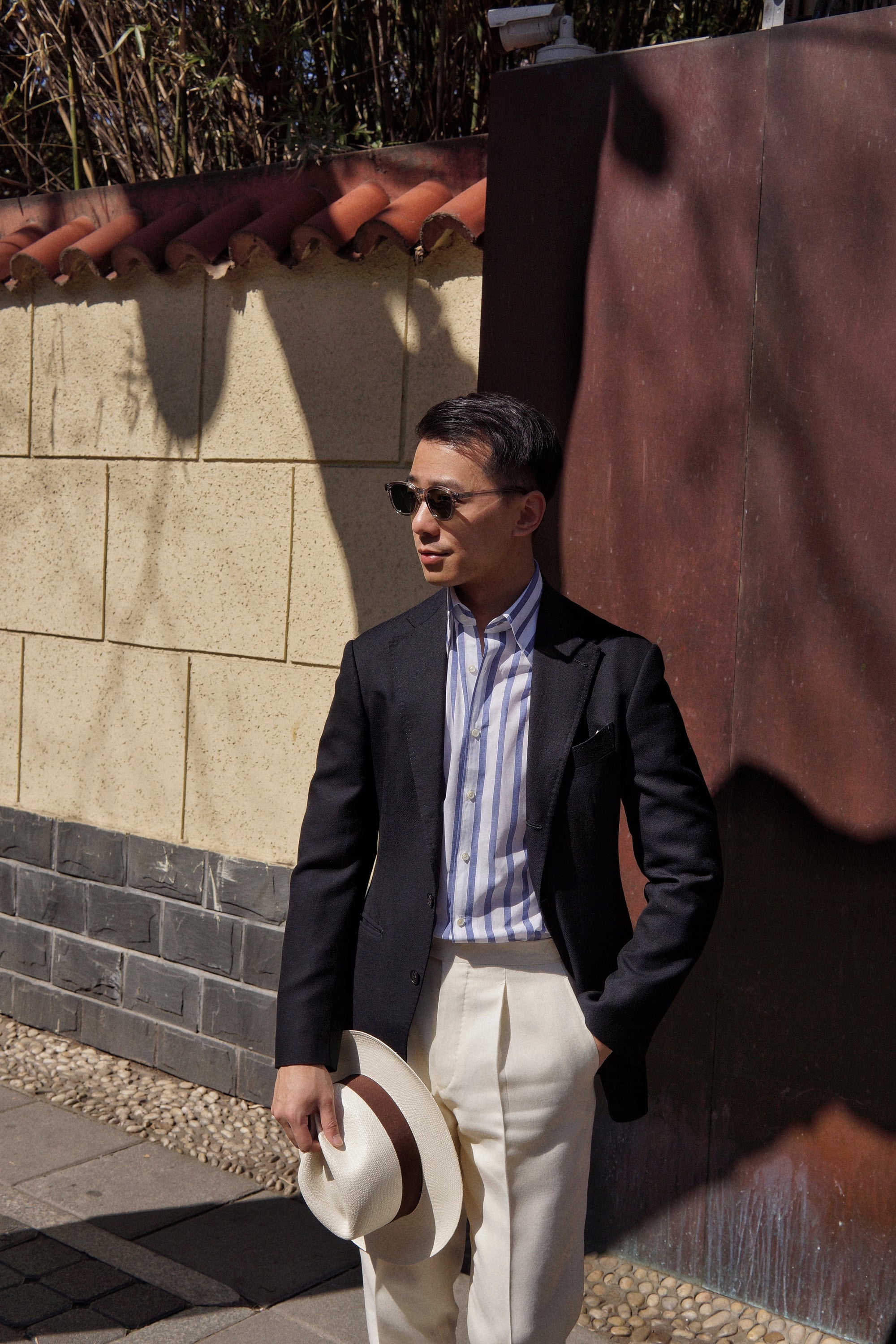 MTO Navy Wide Stripe Blending Shirt