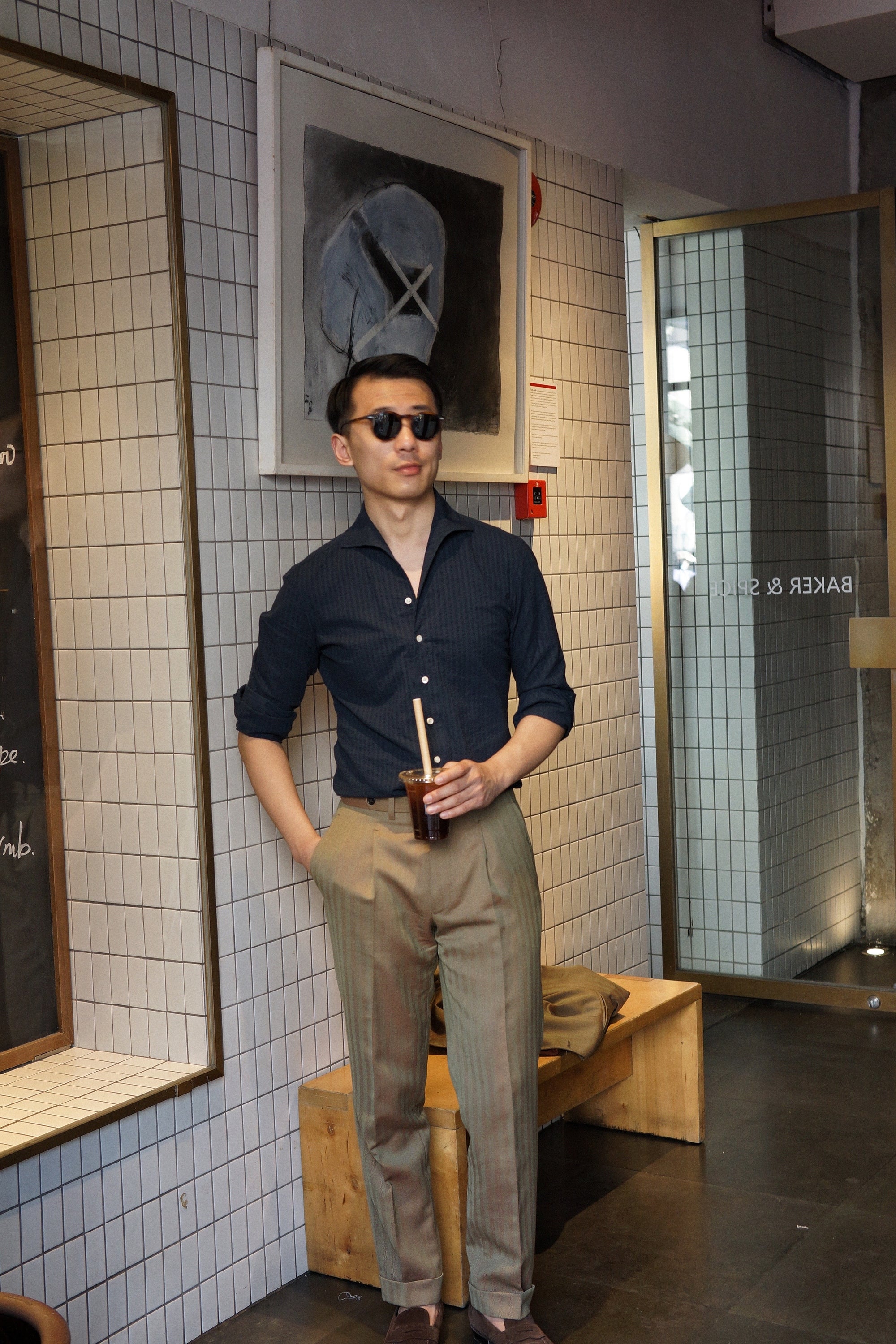 MTO Navy Seersucker One Piece Collar Shirt