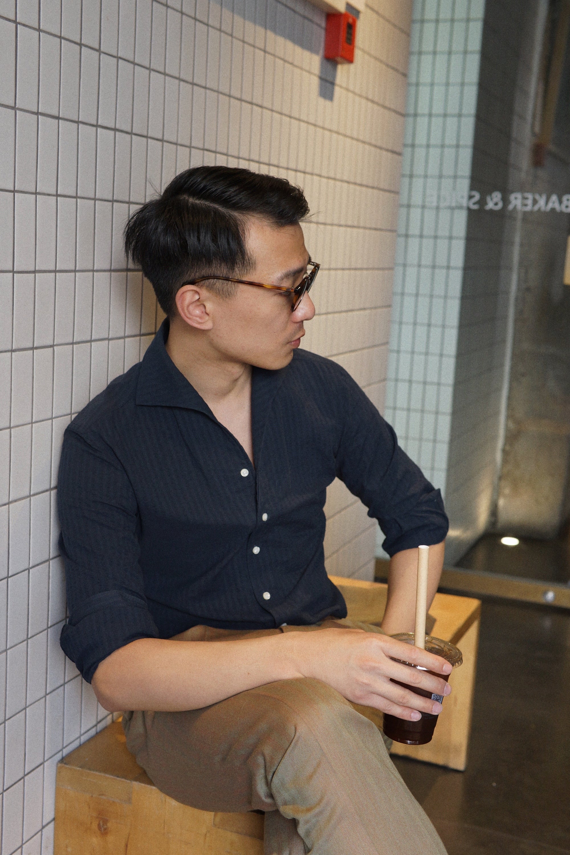 MTO Navy Seersucker One Piece Collar Shirt
