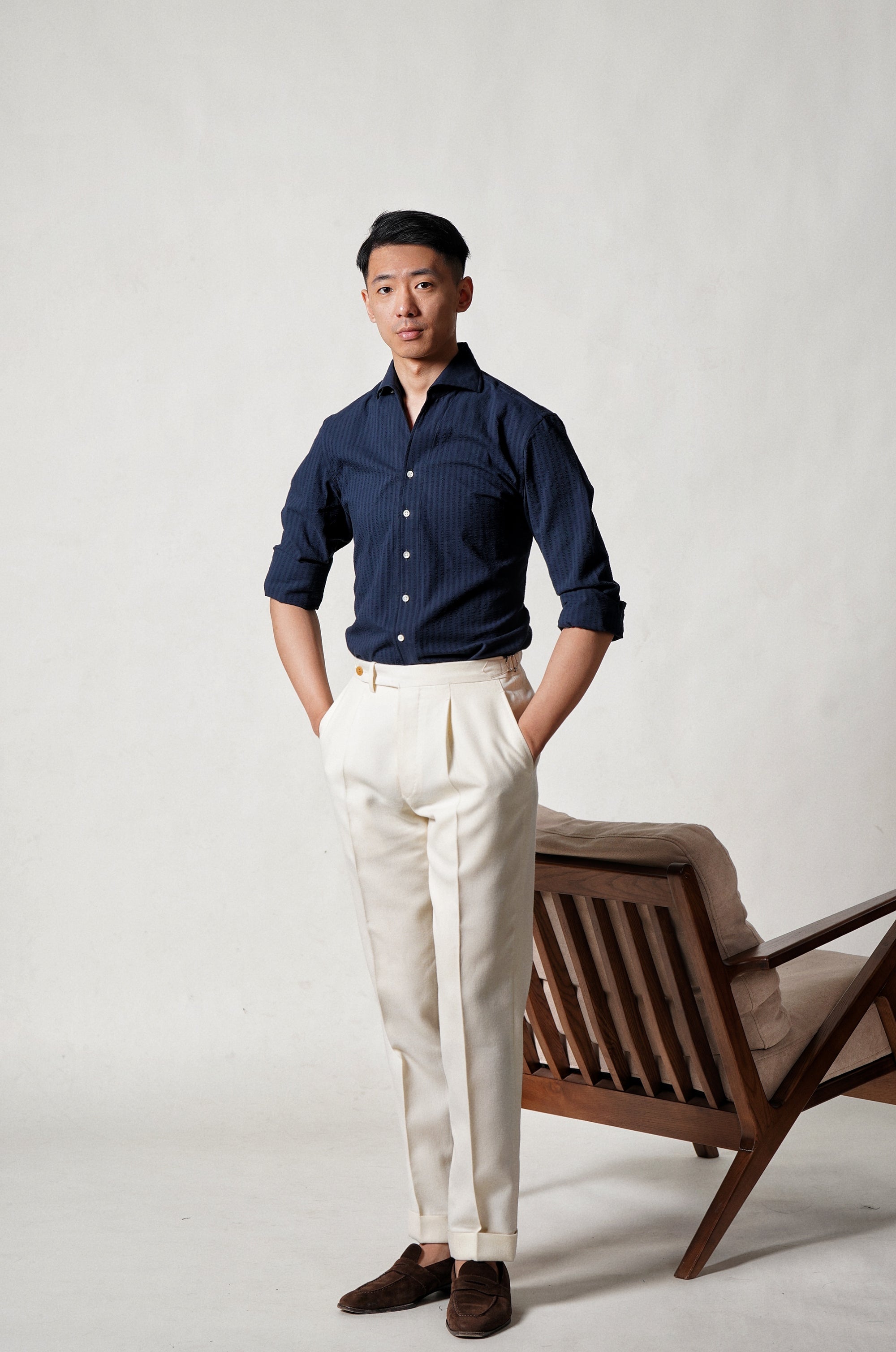 MTO Navy Seersucker One Piece Collar Shirt