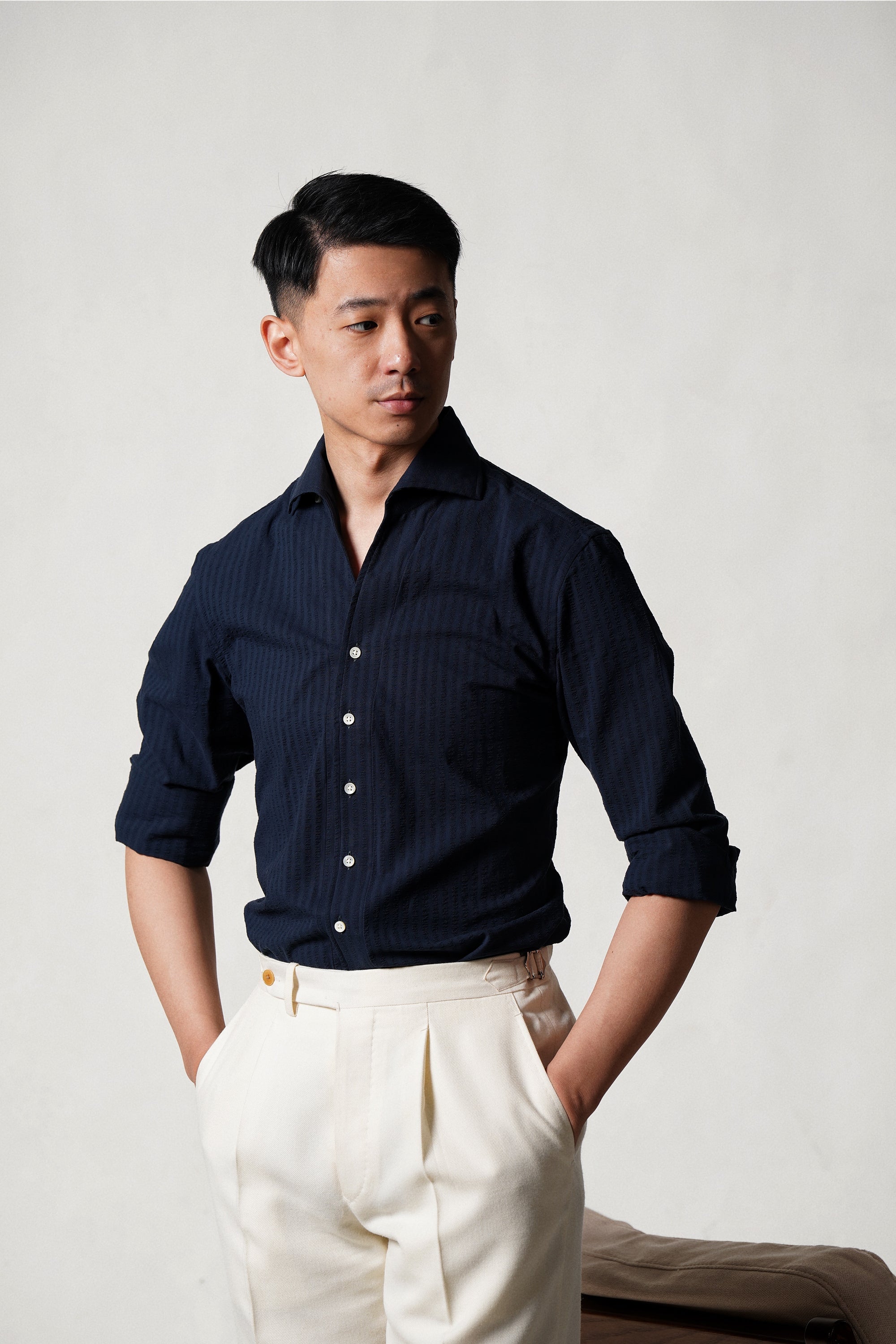 MTO Navy Seersucker One Piece Collar Shirt