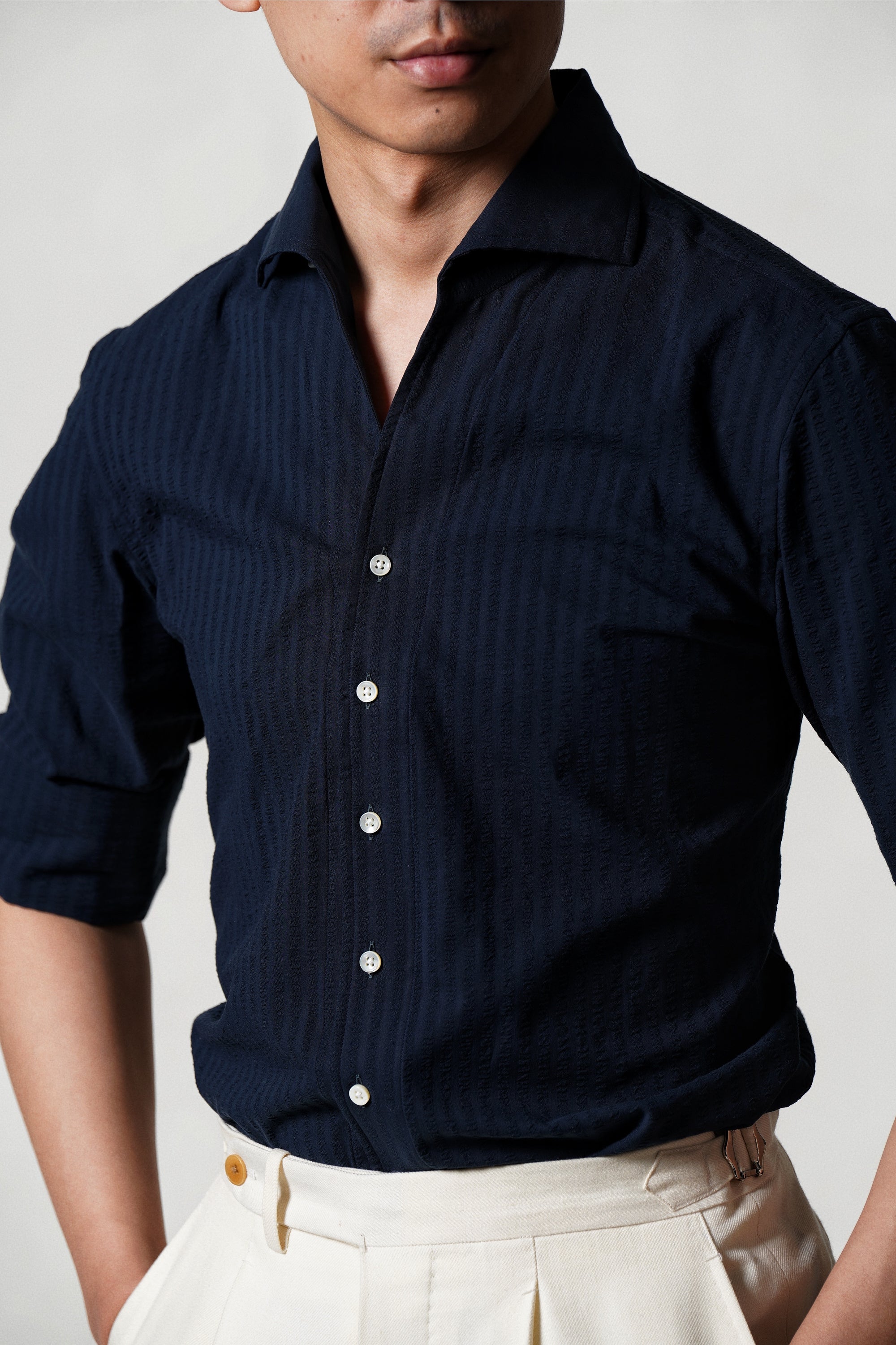 MTO Navy Seersucker One Piece Collar Shirt