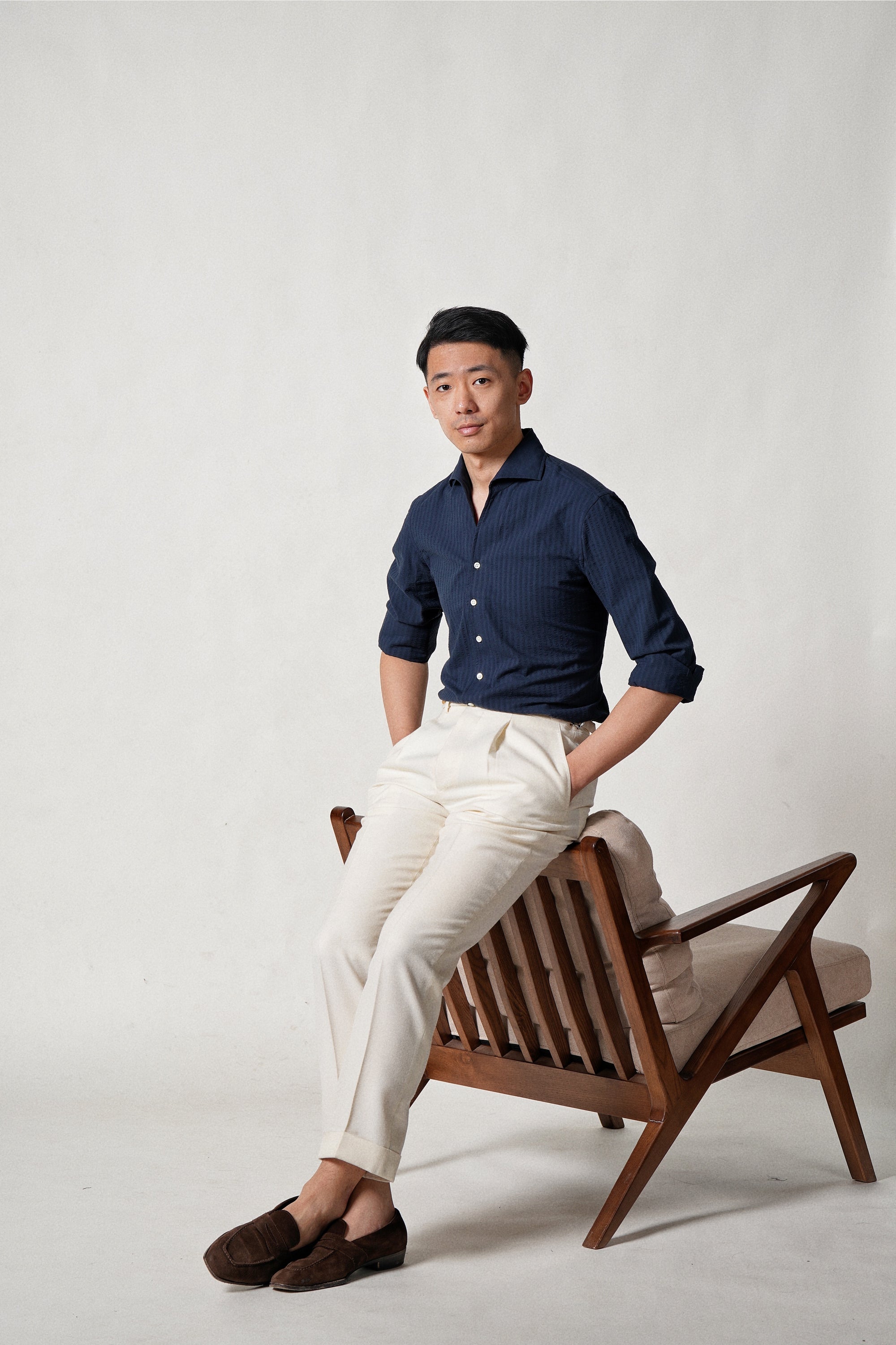 MTO Navy Seersucker One Piece Collar Shirt