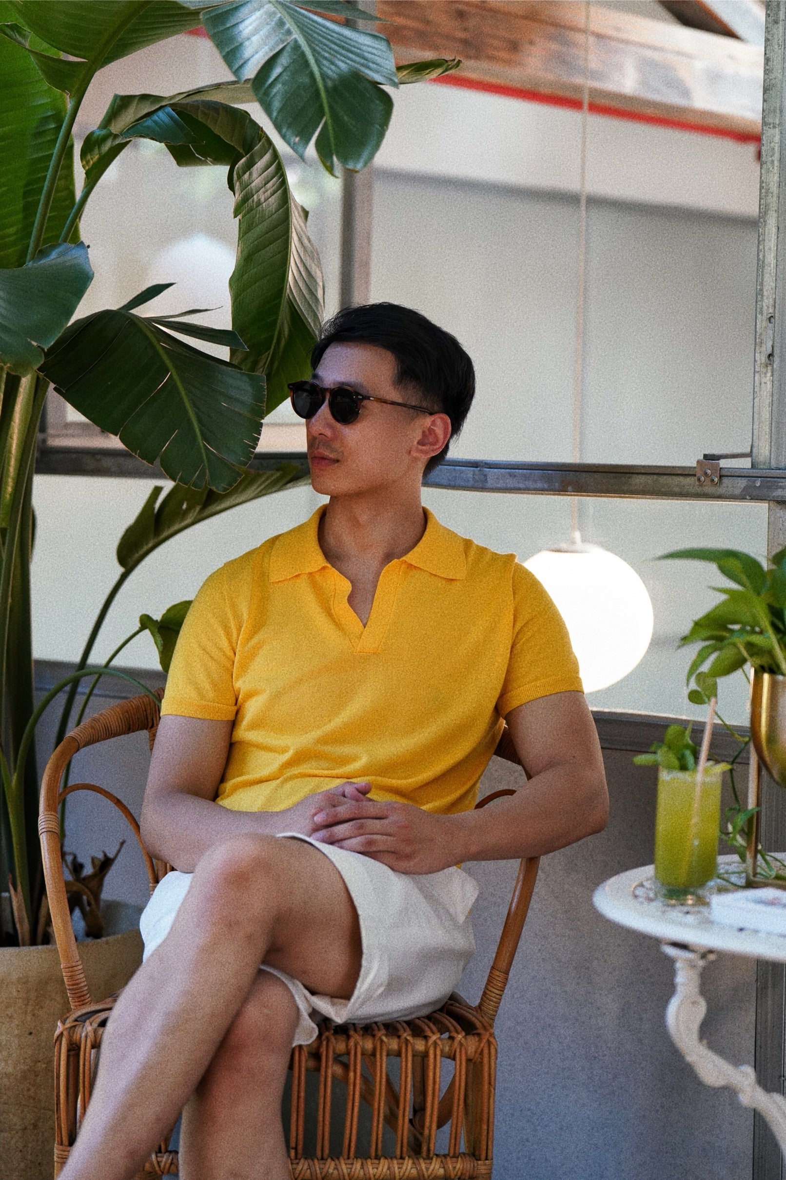 Lemon / Sky Blue Cotton Linen Knitted Polo