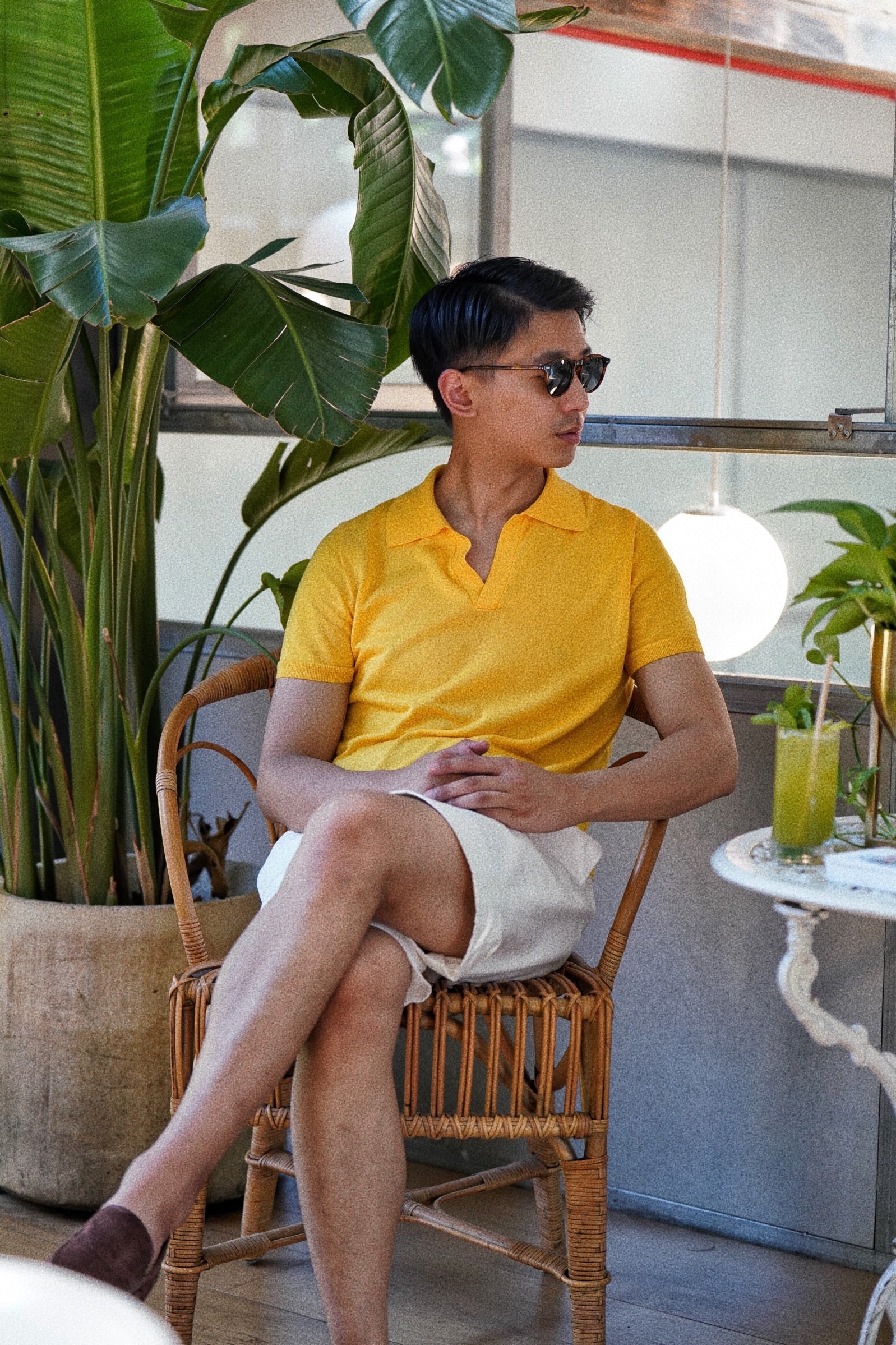 Lemon / Sky Blue Cotton Linen Knitted Polo