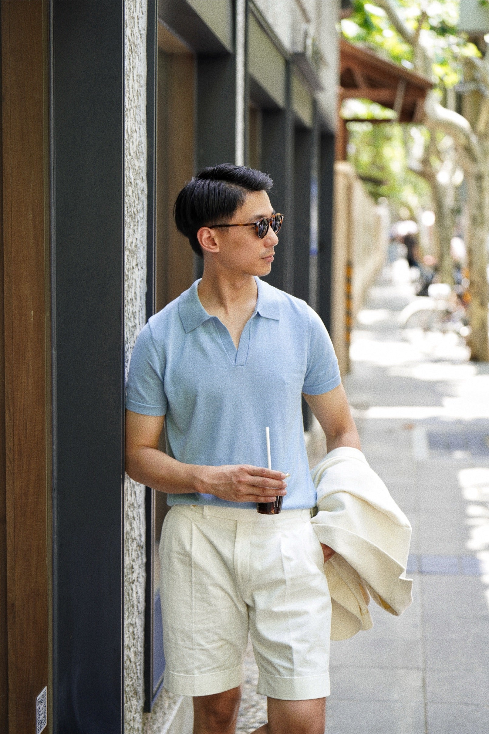 Lemon / Sky Blue Cotton Linen Knitted Polo