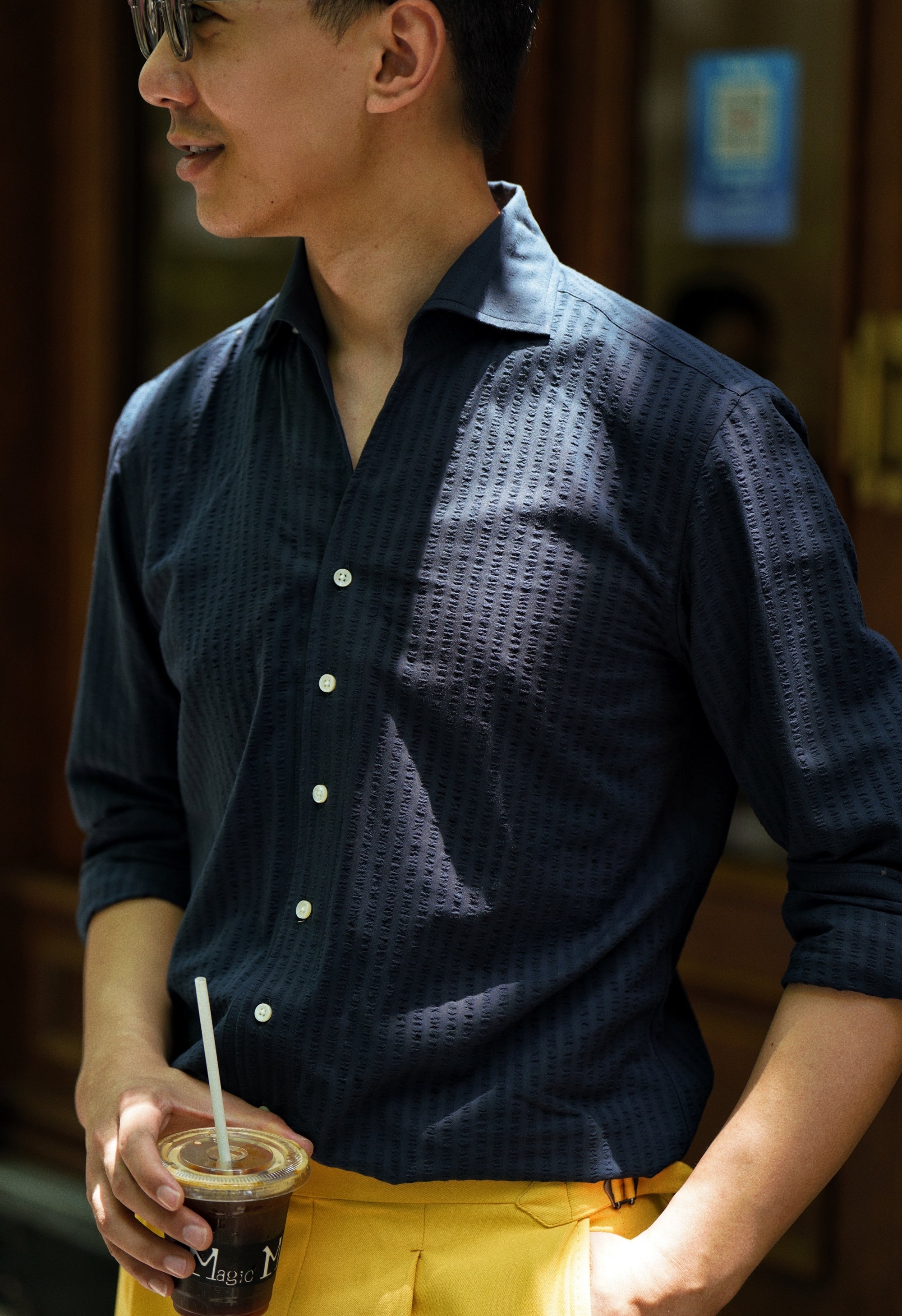 MTO Navy Seersucker One Piece Collar Shirt