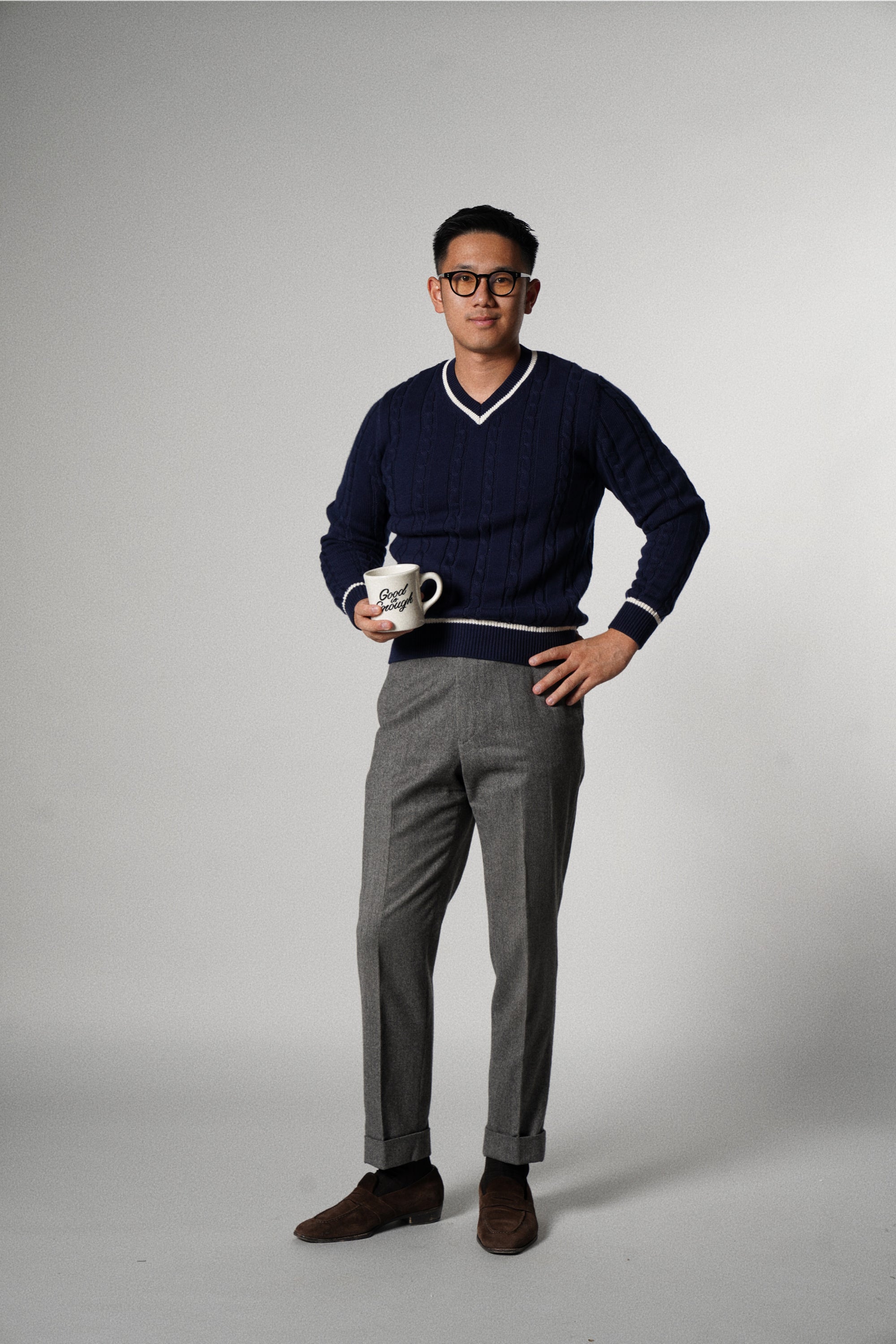 Navy Ivy V Neck Cable Knit Jumper