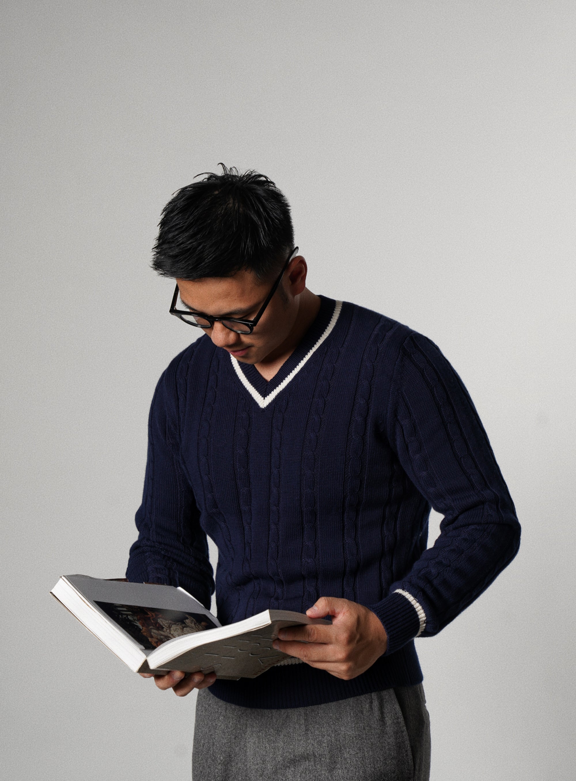 Navy Ivy V Neck Cable Knit Jumper
