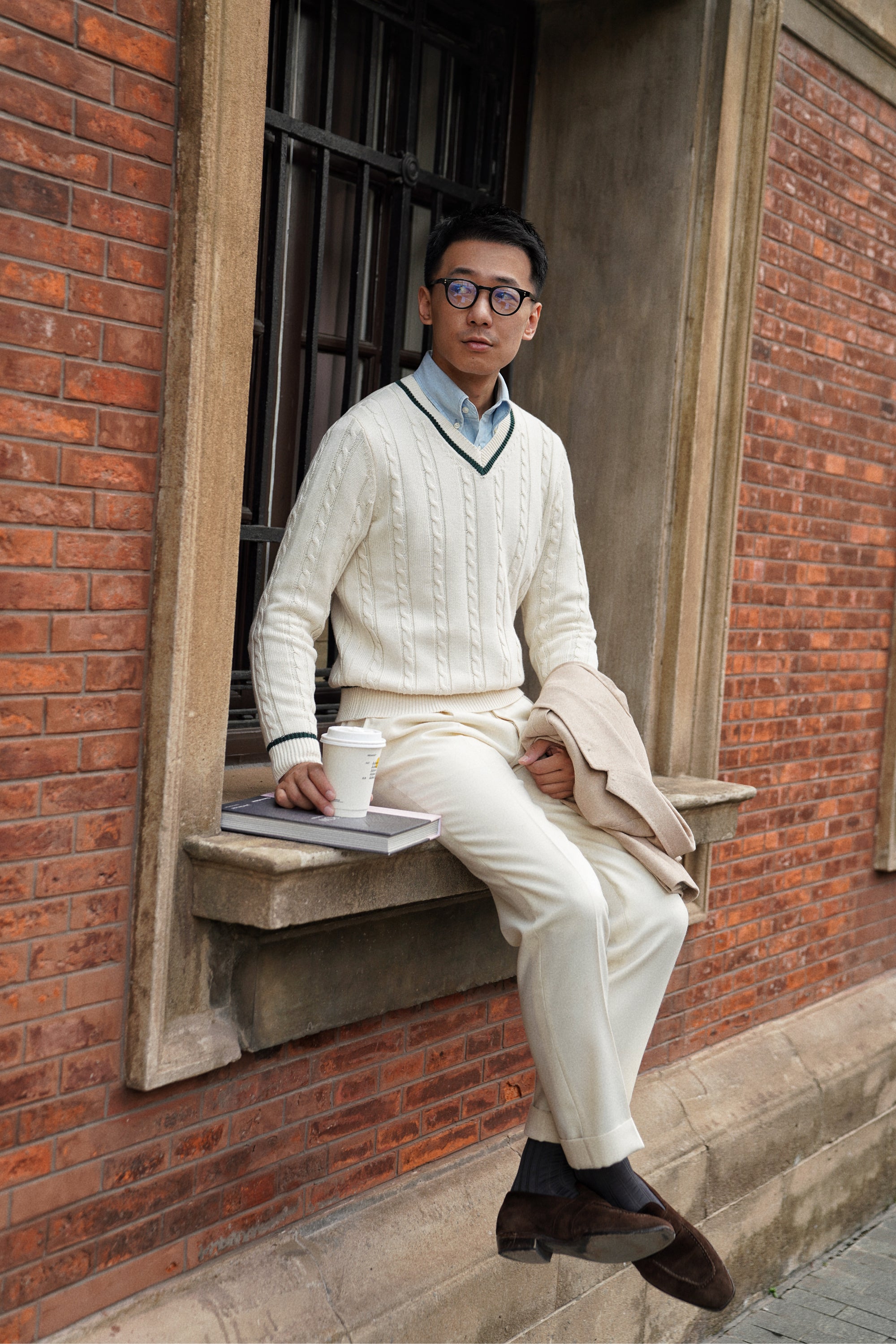 White Ivy V Neck Cable Knit Jumper
