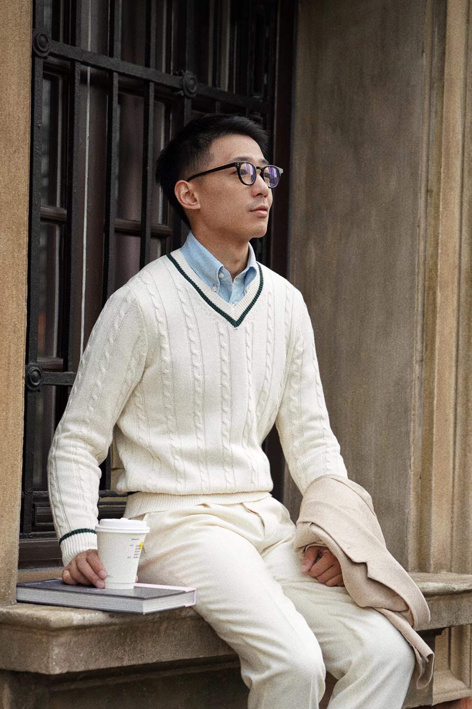 White Ivy V Neck Cable Knit Jumper