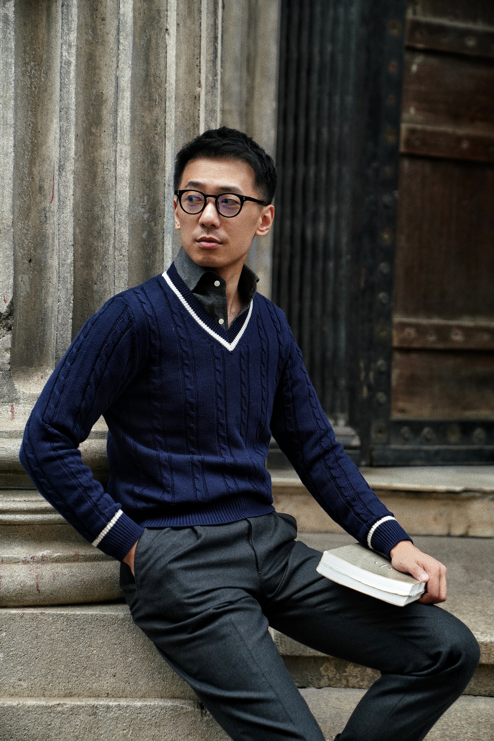 Navy Ivy V Neck Cable Knit Jumper