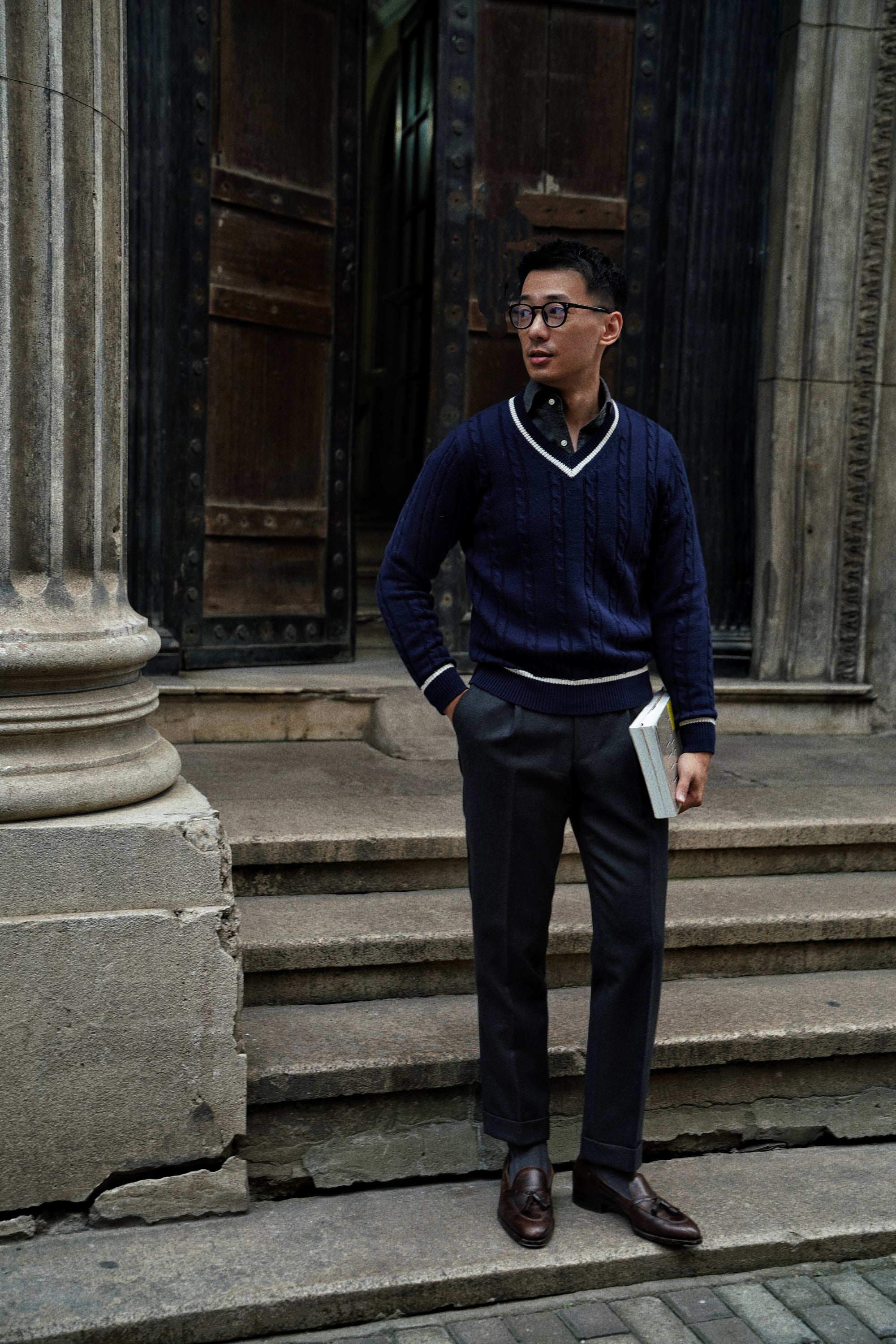 Navy Ivy V Neck Cable Knit Jumper