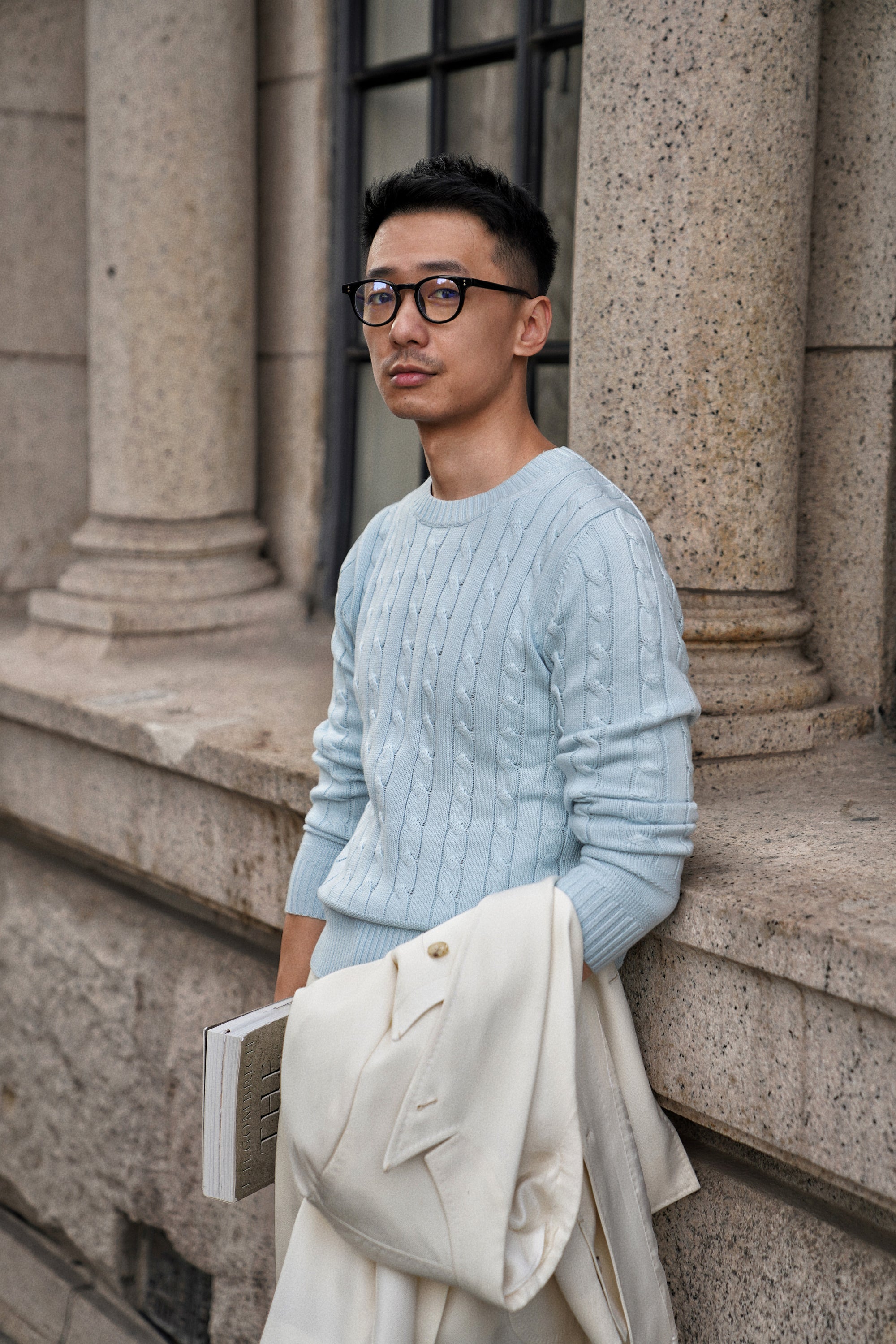 Ice Blue Crew Neck Cable Knit Jumper