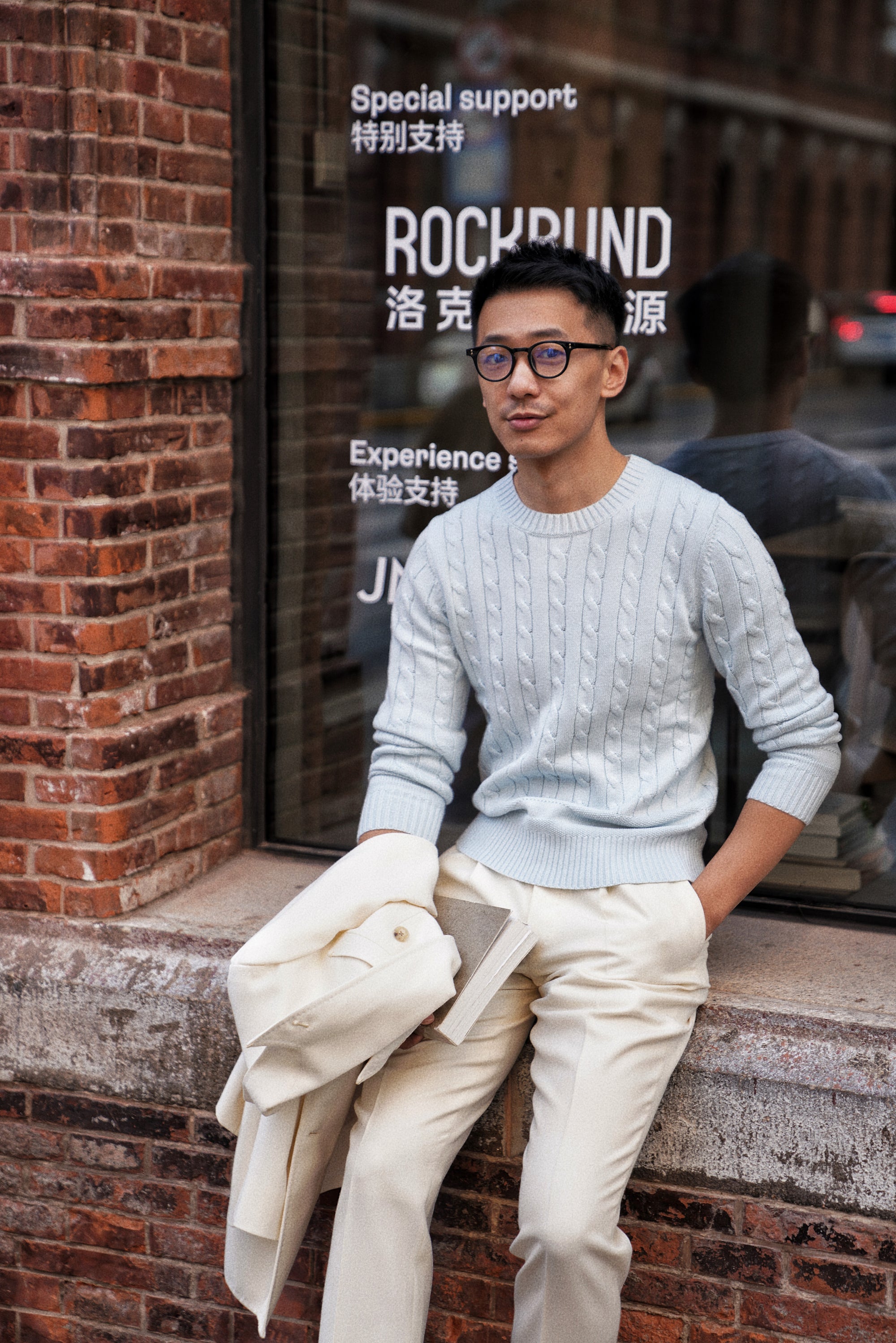 Ice Blue Crew Neck Cable Knit Jumper