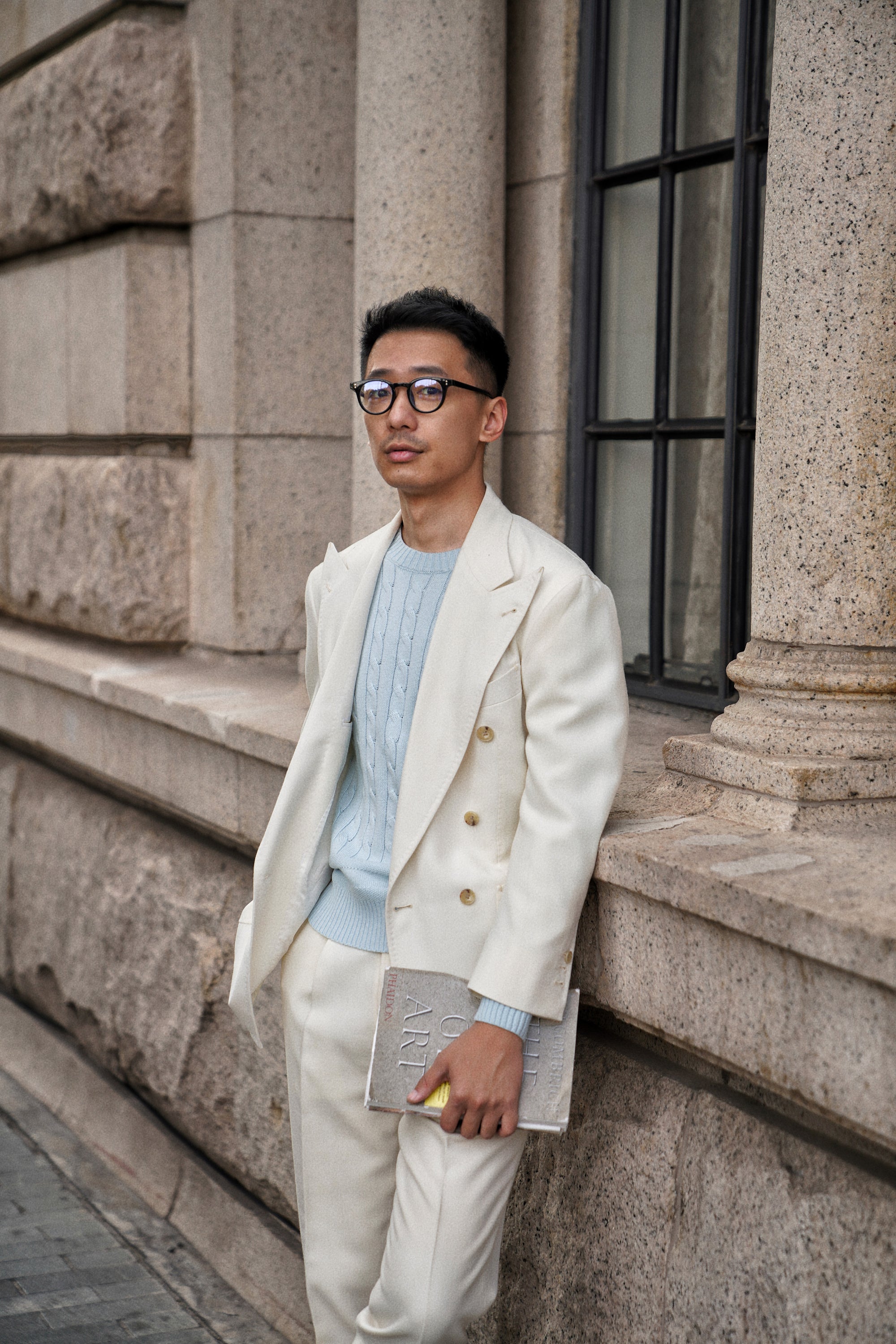 Ice Blue Crew Neck Cable Knit Jumper
