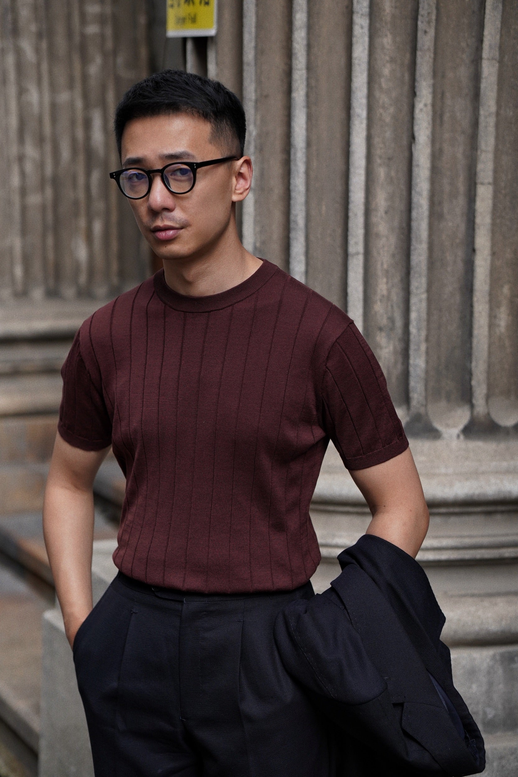 Black / Burgundy Cotton Silk Crew Neck