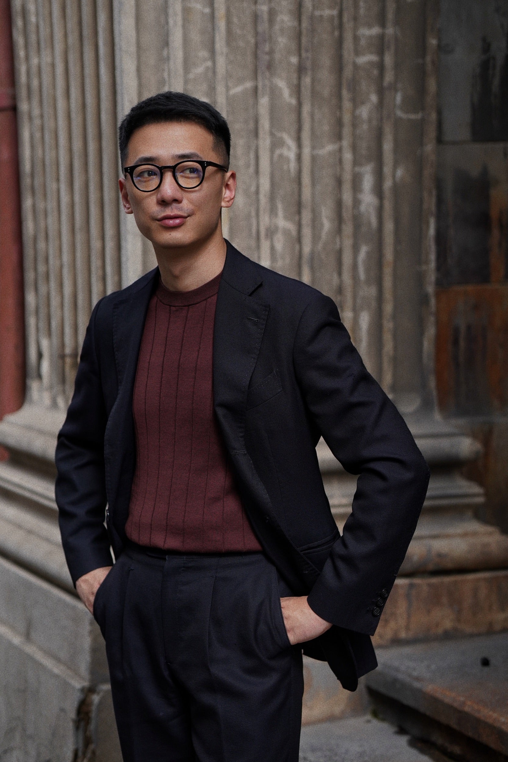Black / Burgundy Cotton Silk Crew Neck