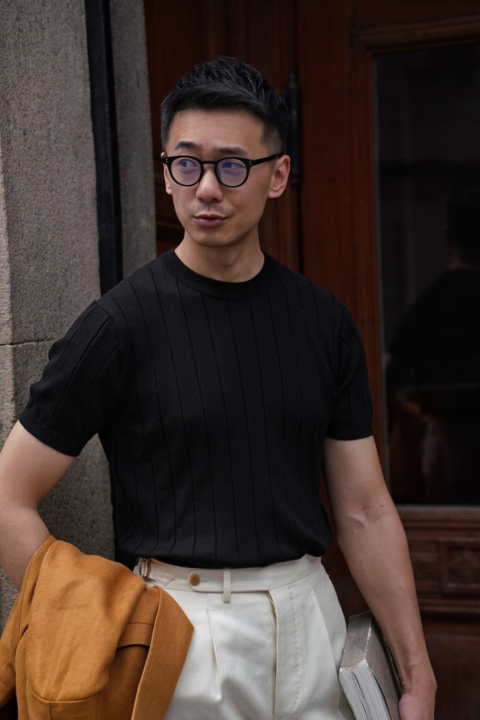 Black / Burgundy Cotton Silk Crew Neck
