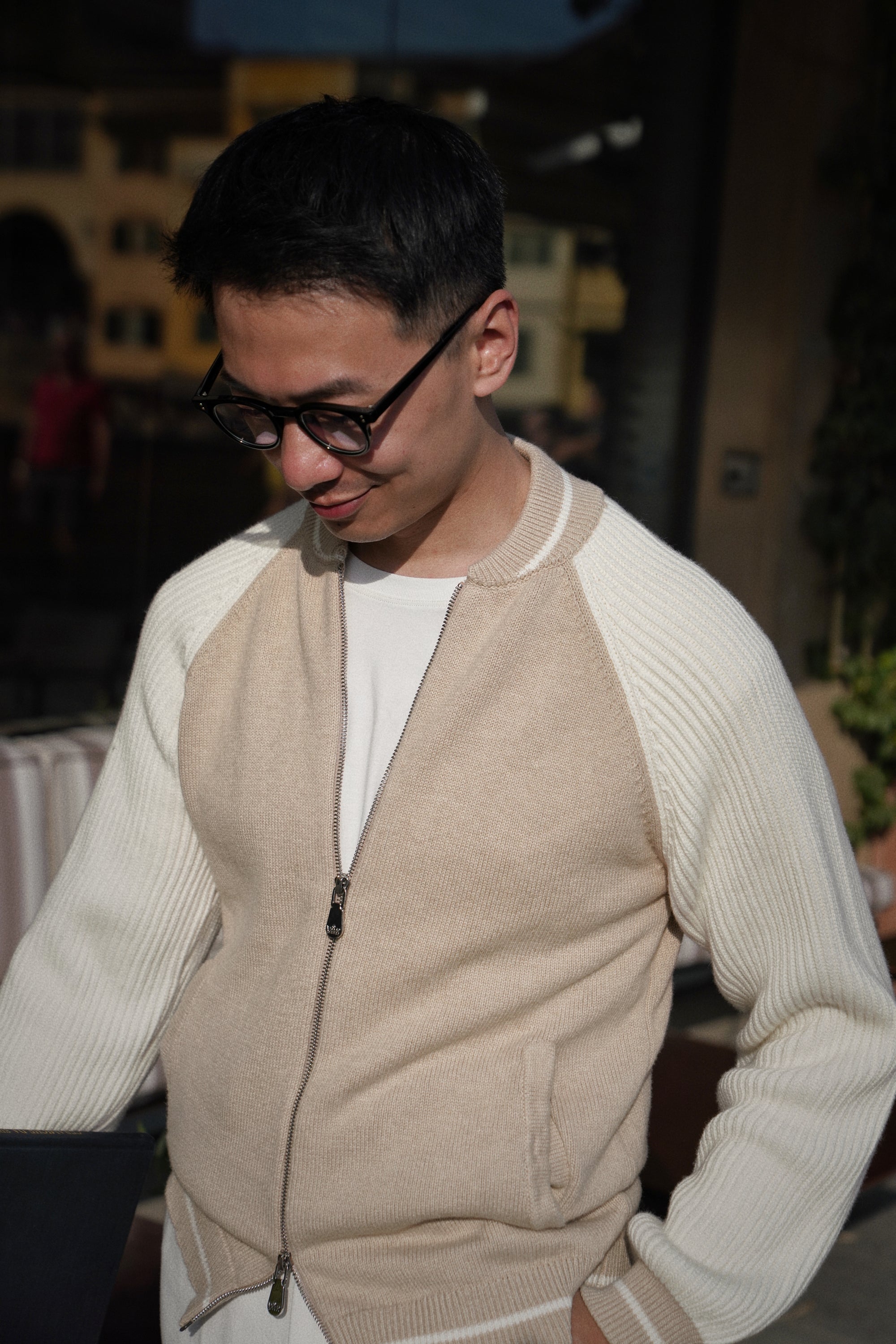 Camel Knitted Bomber Jacket
