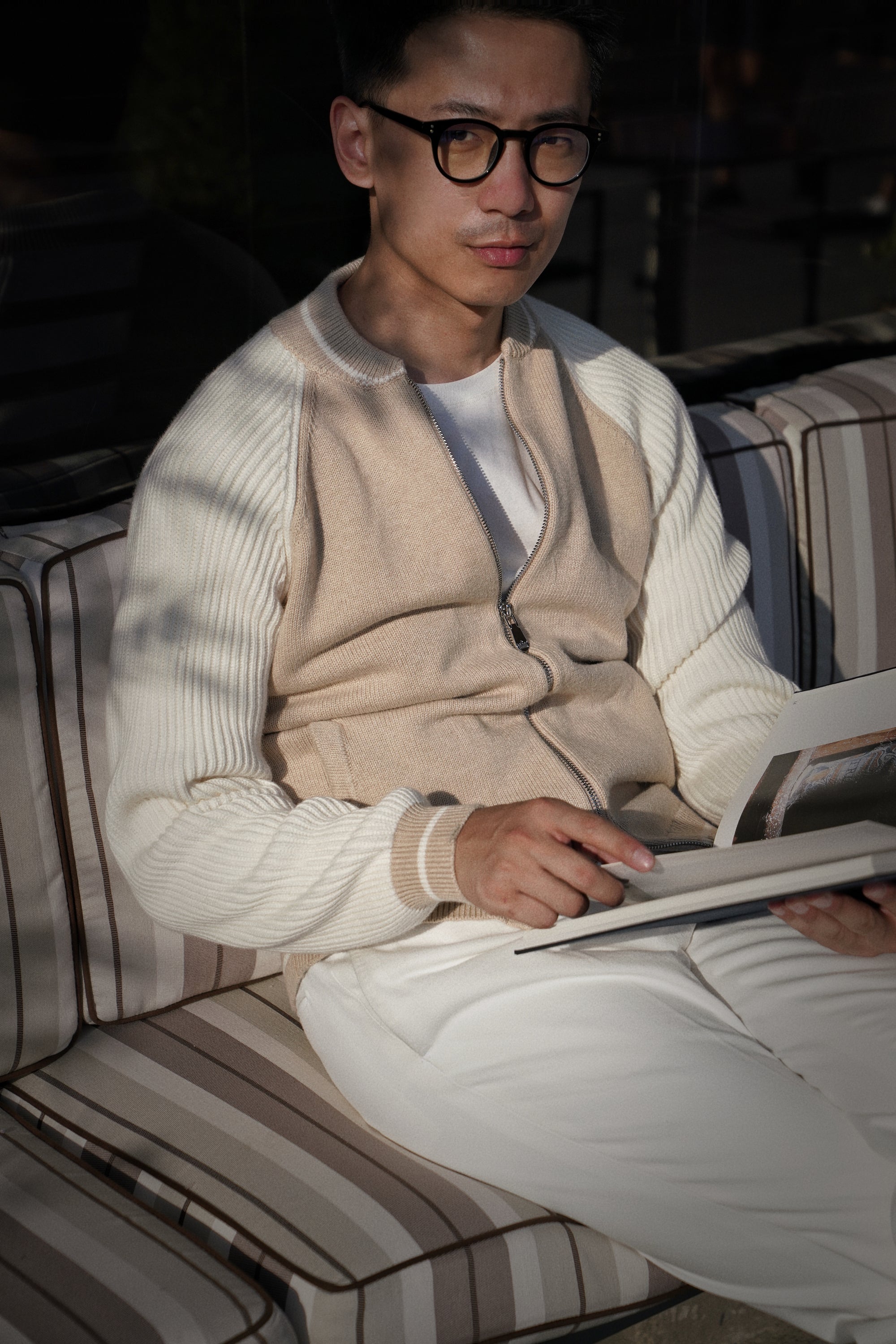 Camel Knitted Bomber Jacket