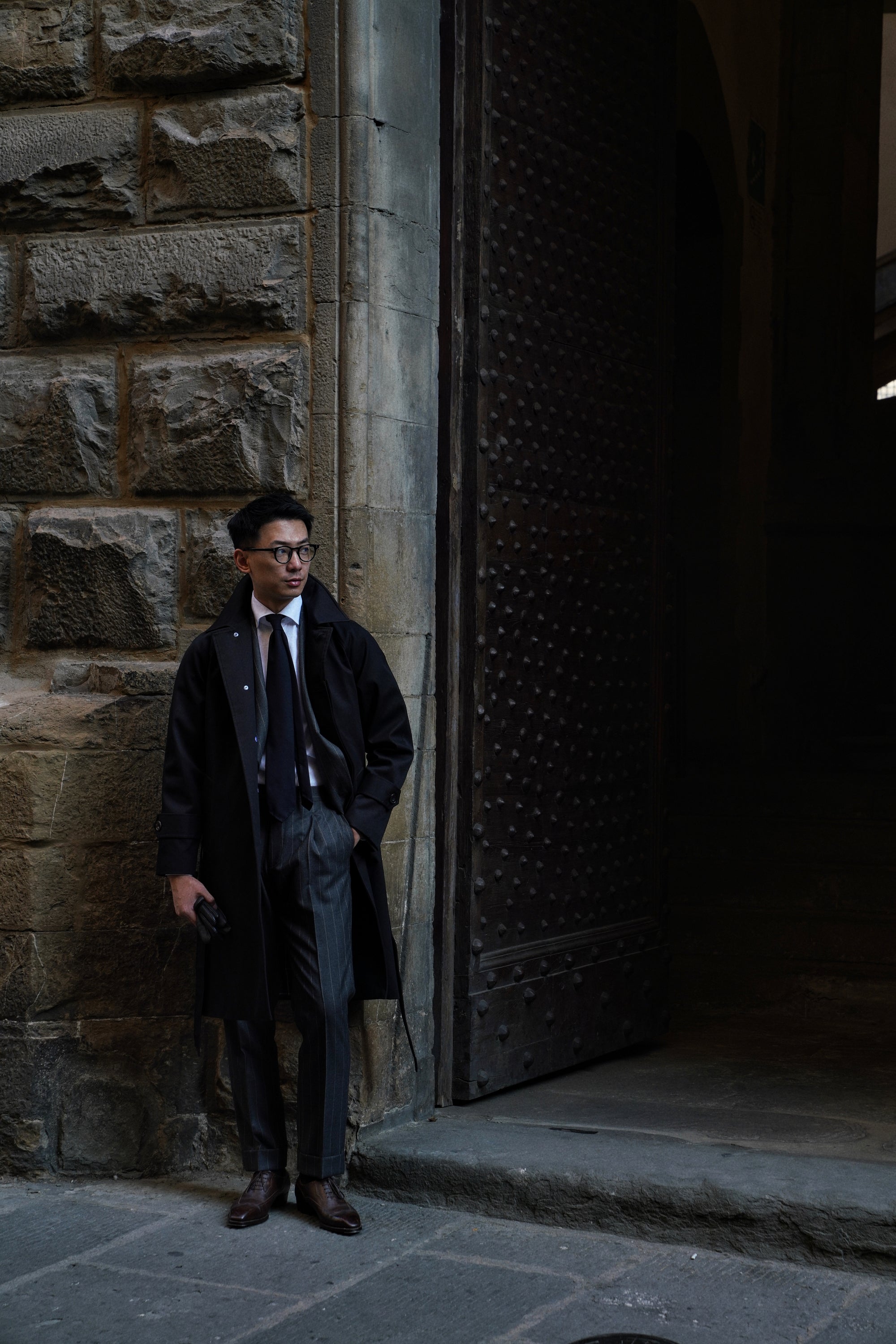 Black Cotton Whipcord Balmacaan Raincoat