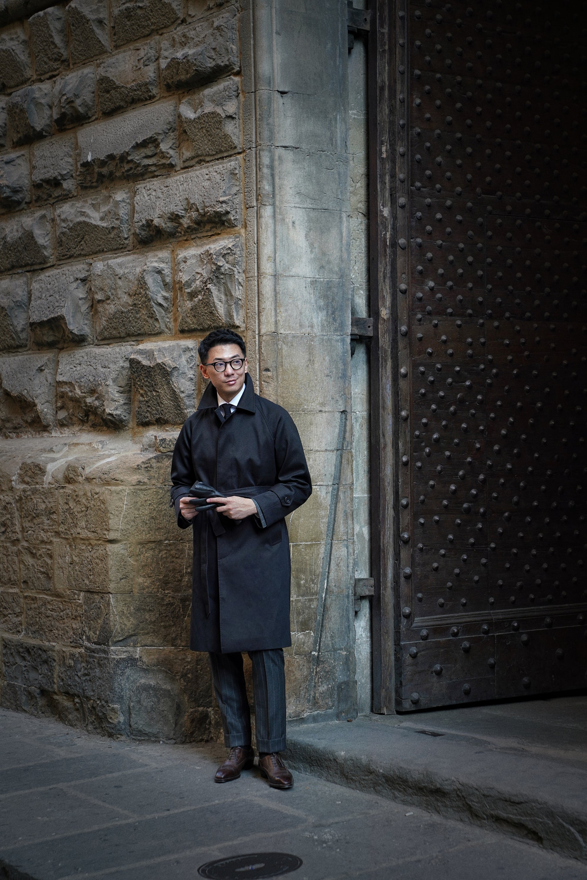Black Cotton Whipcord Balmacaan Raincoat