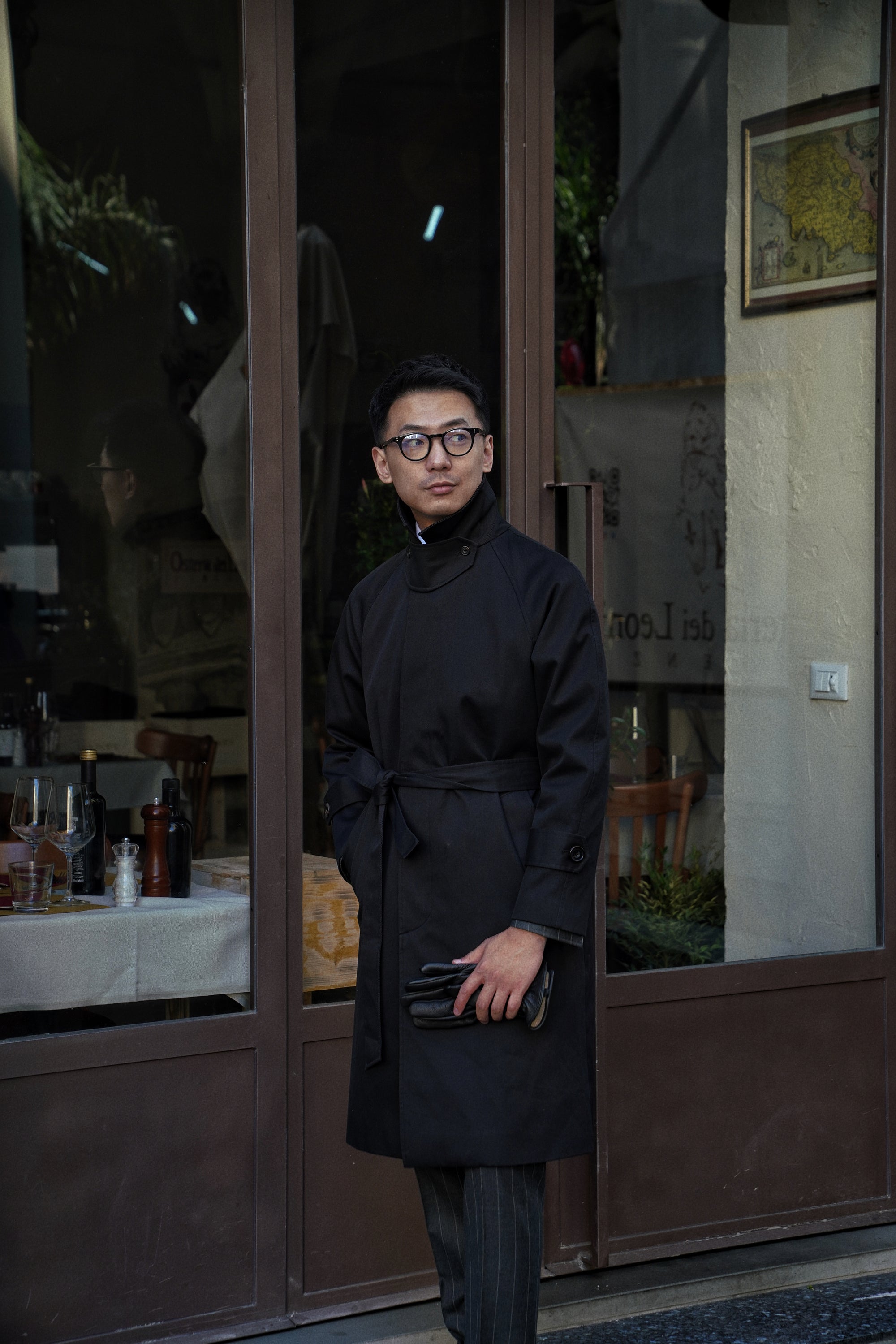 Black Cotton Whipcord Balmacaan Raincoat