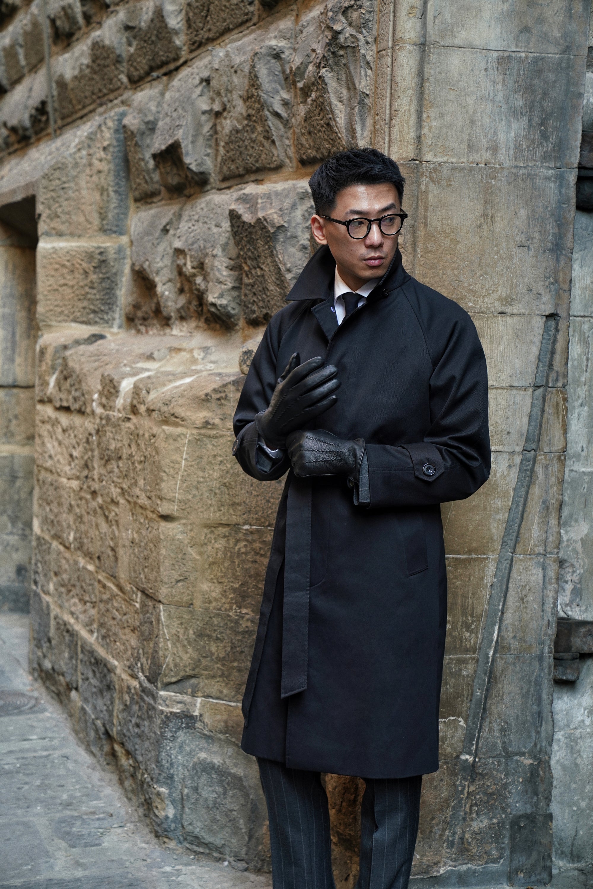 Black Cotton Whipcord Balmacaan Raincoat