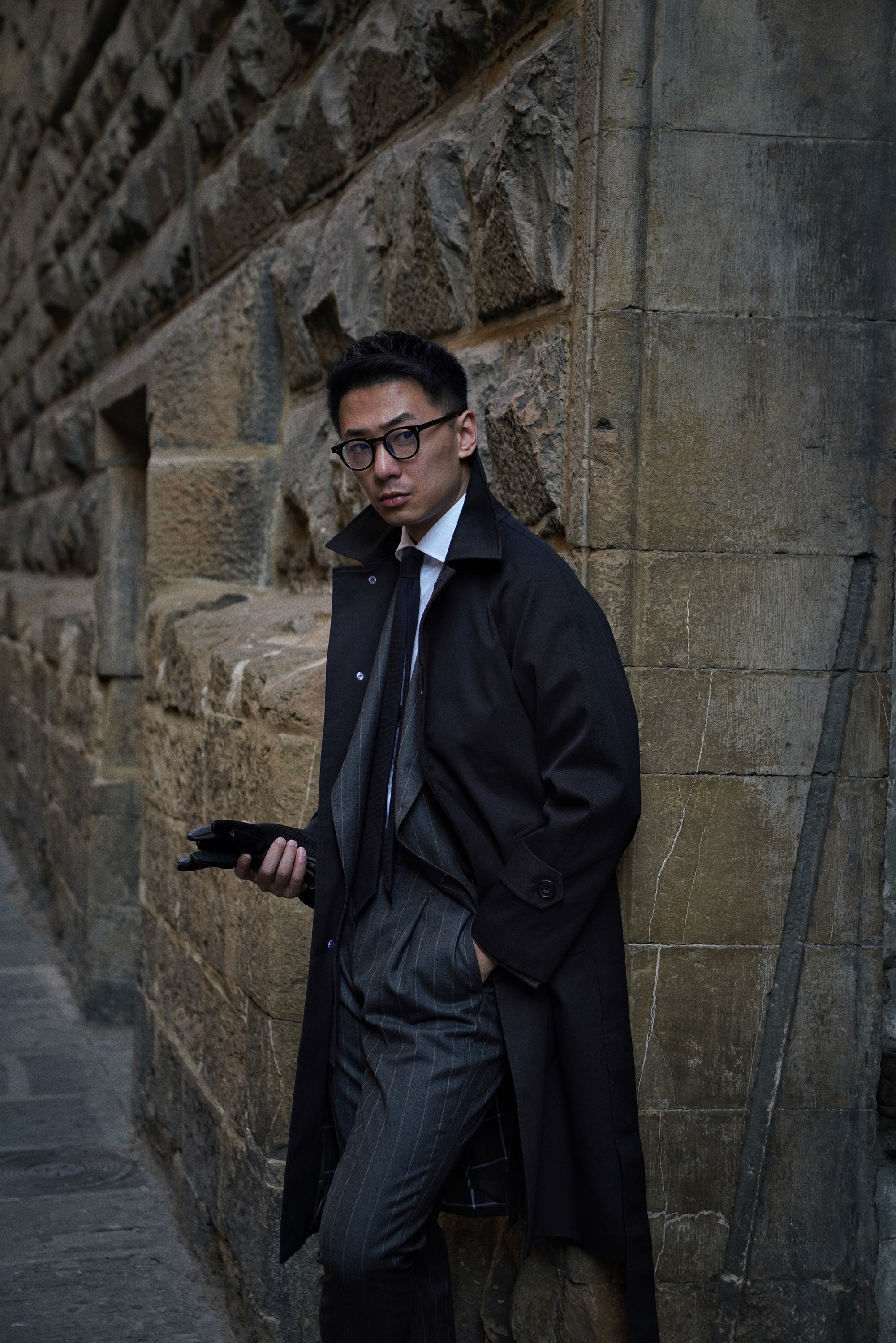 Black Cotton Whipcord Balmacaan Raincoat