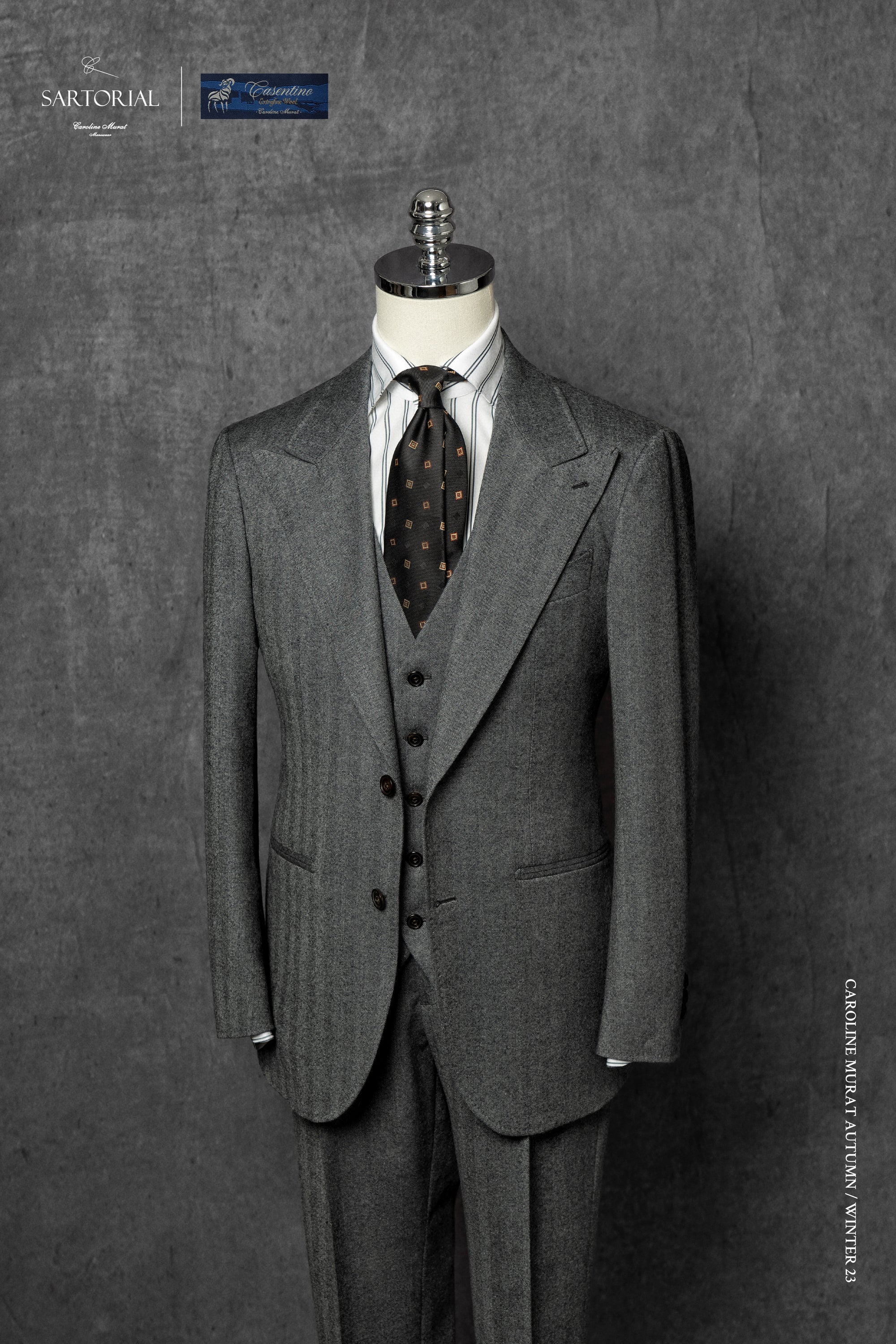 Grey Herringbone Flannel 3-piece Suit #23
