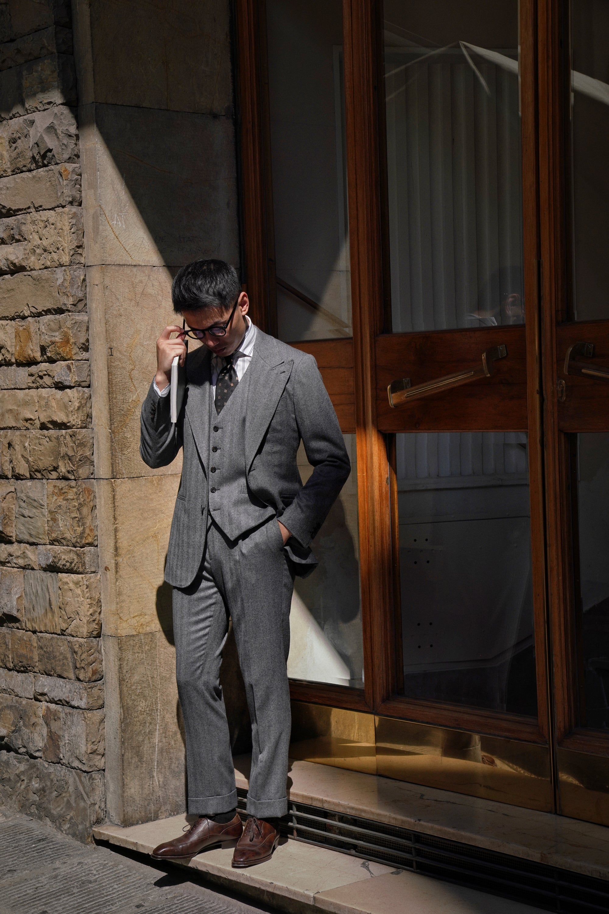 Grey Herringbone Flannel 3-piece Suit #23