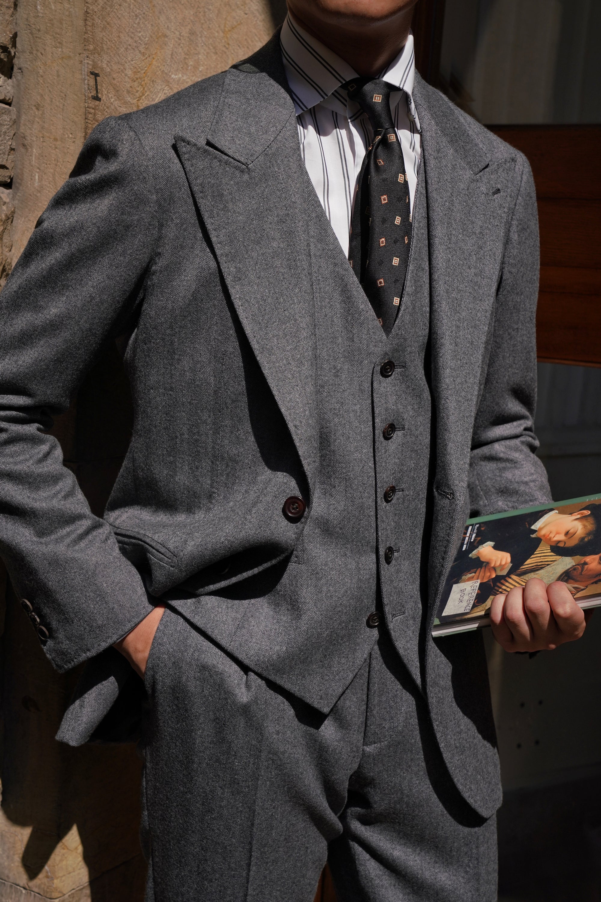 Grey Herringbone Flannel 3-piece Suit #23