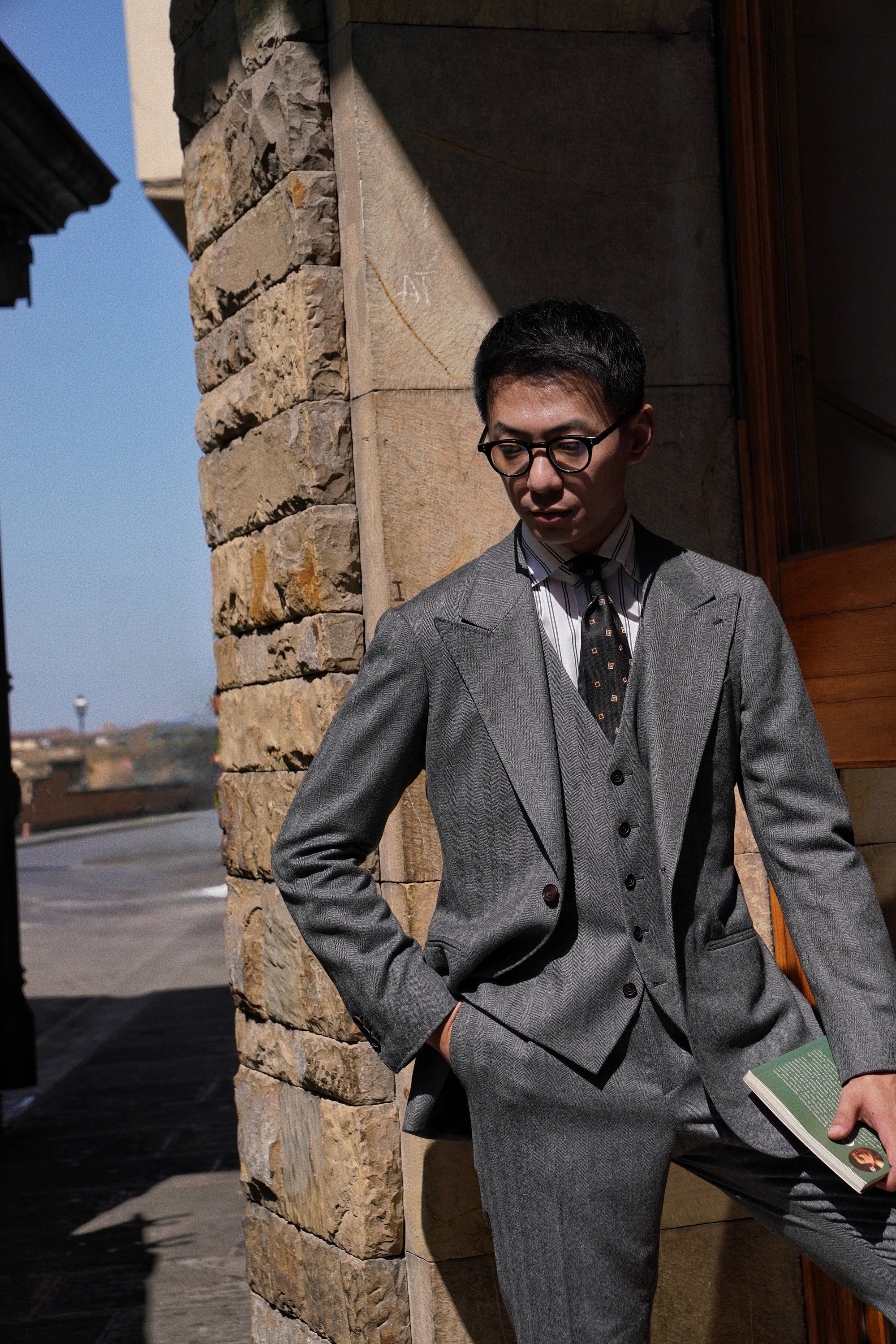 Grey Herringbone Flannel 3-piece Suit #23