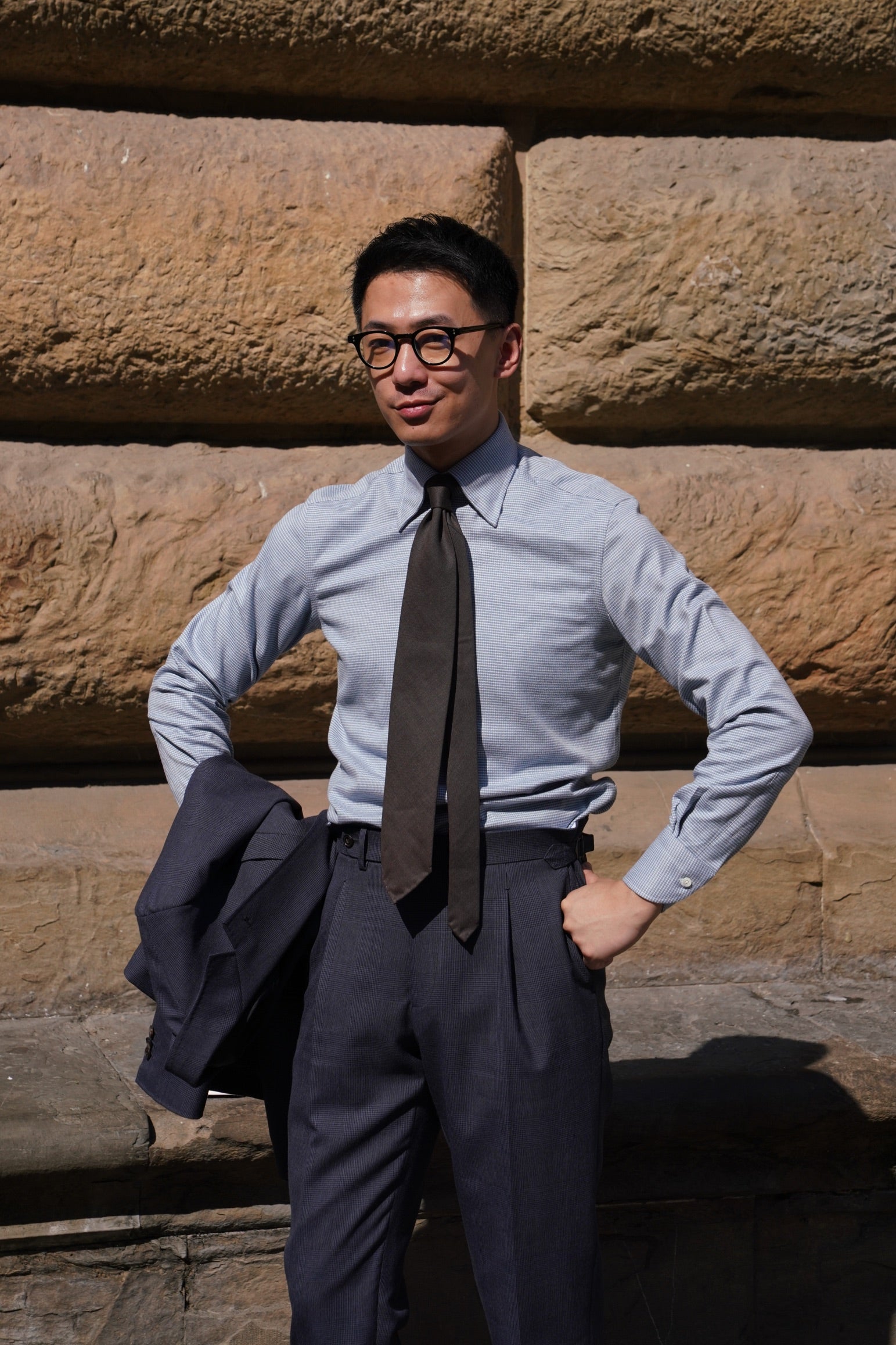 Pale Blue Houndstooth Cotton Yakwool Shirt