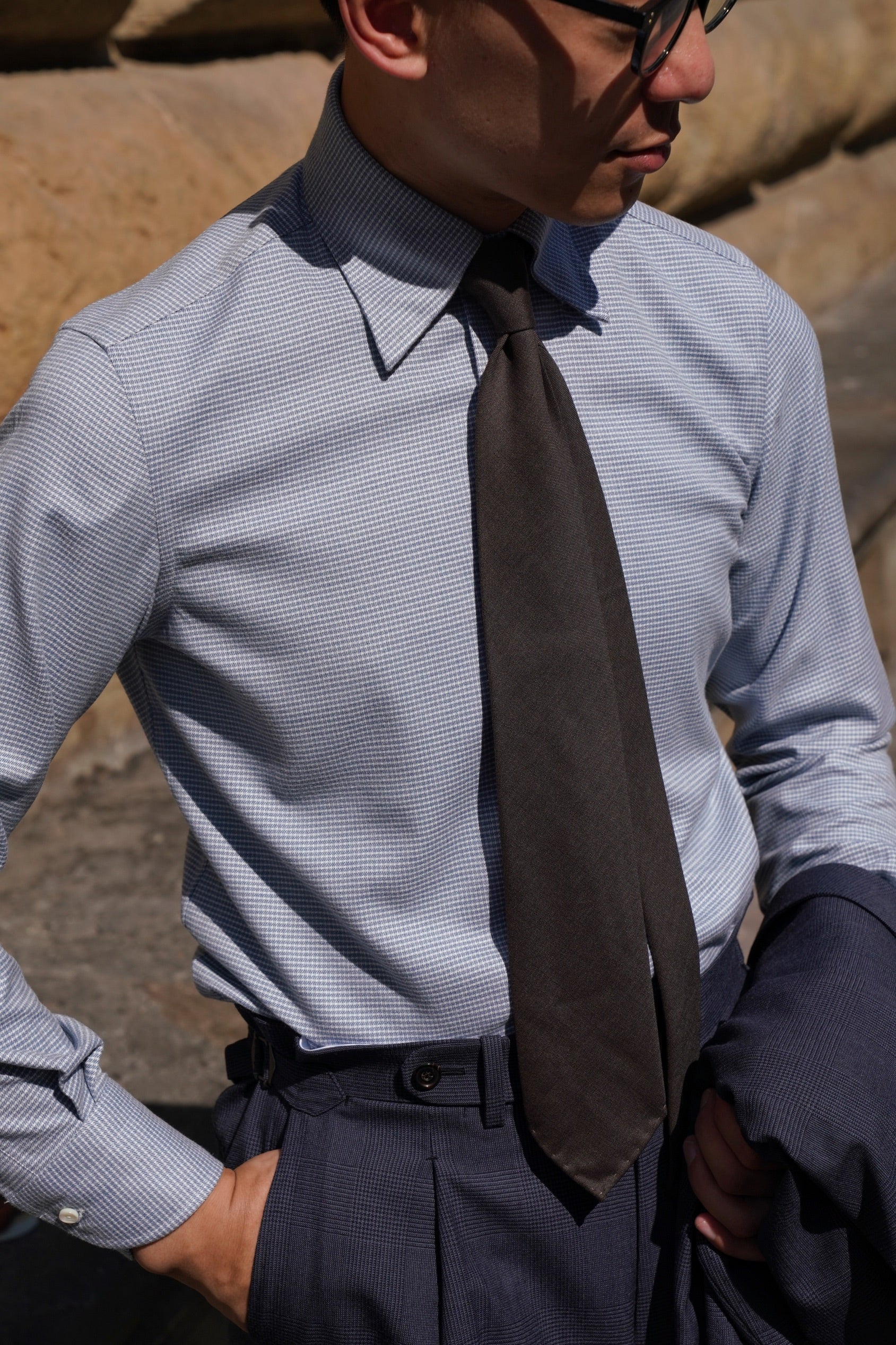 Pale Blue Houndstooth Cotton Yakwool Shirt