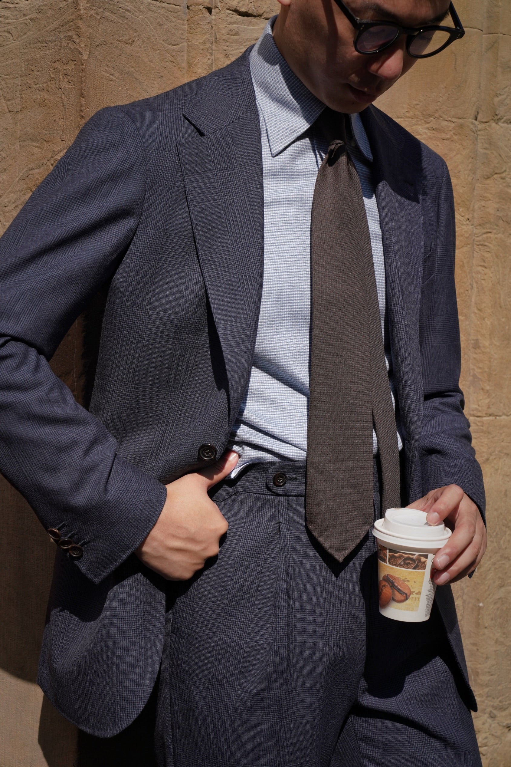 Pale Blue Houndstooth Cotton Yakwool Shirt