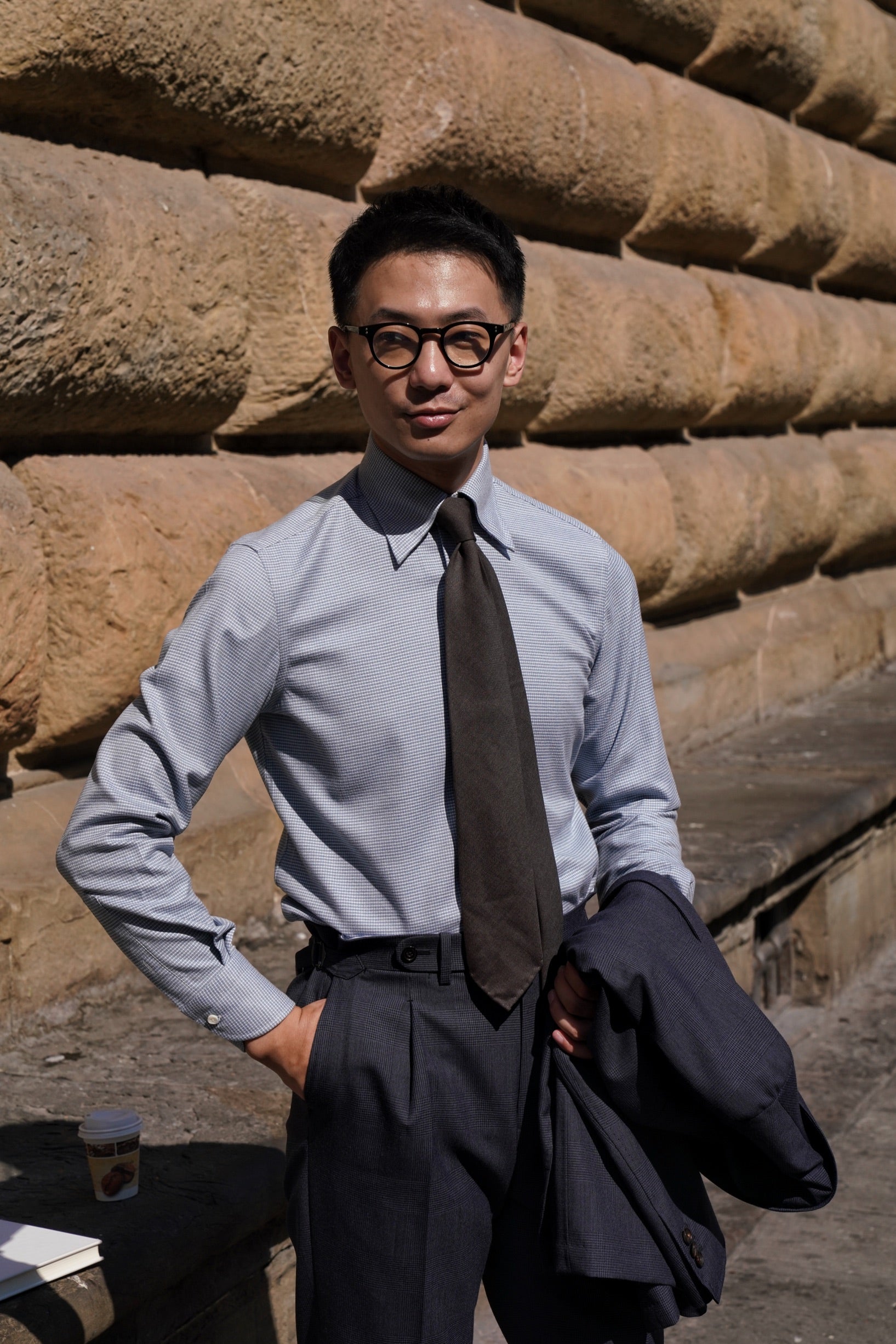Pale Blue Houndstooth Cotton Yakwool Shirt