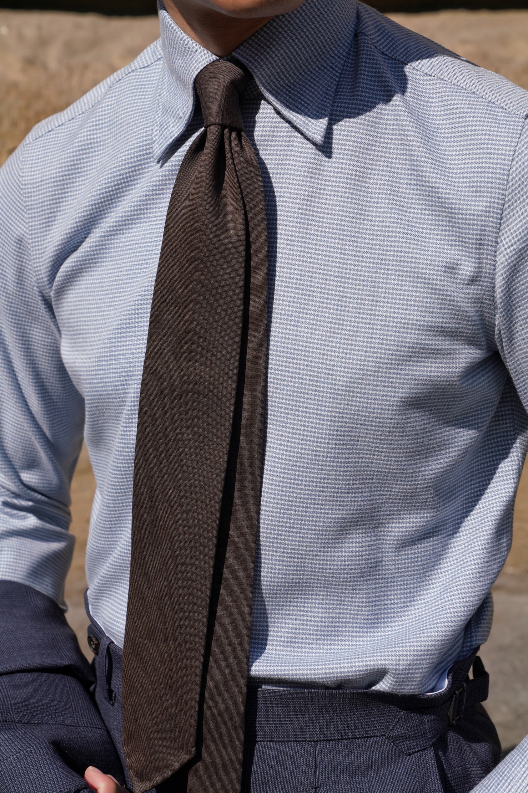 Pale Blue Houndstooth Cotton Yakwool Shirt