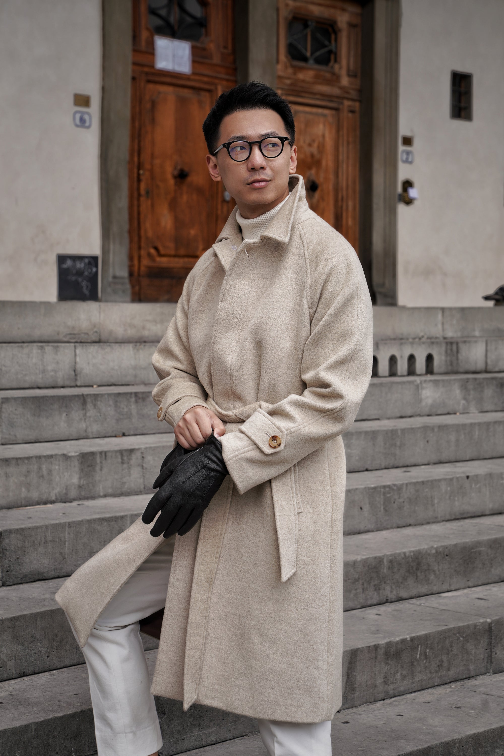 Beige Wool Balmacaan Coat