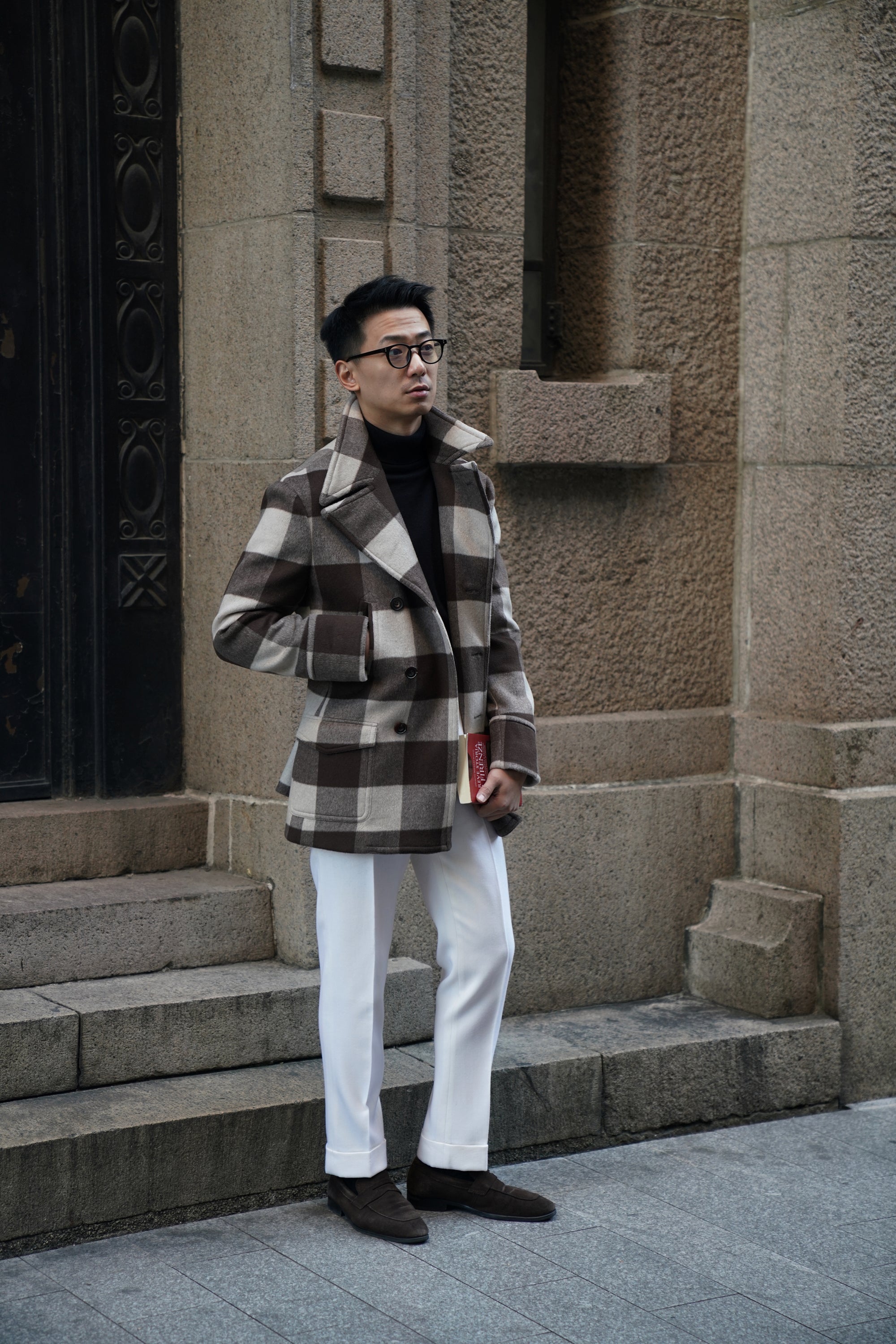 MTO Brown Plaid Wool Silk Cashmere Peacoat