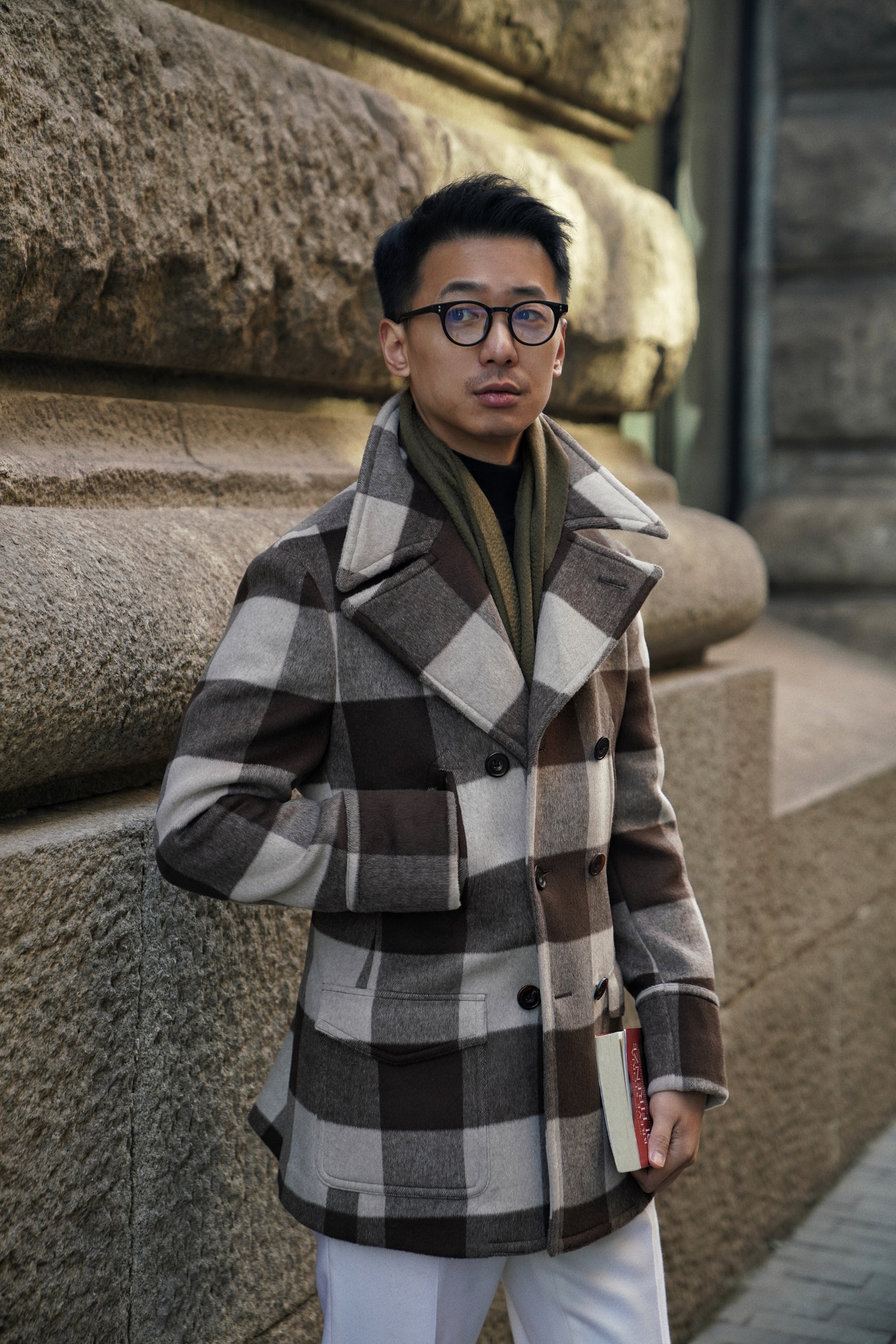 MTO Brown Plaid Wool Silk Cashmere Peacoat