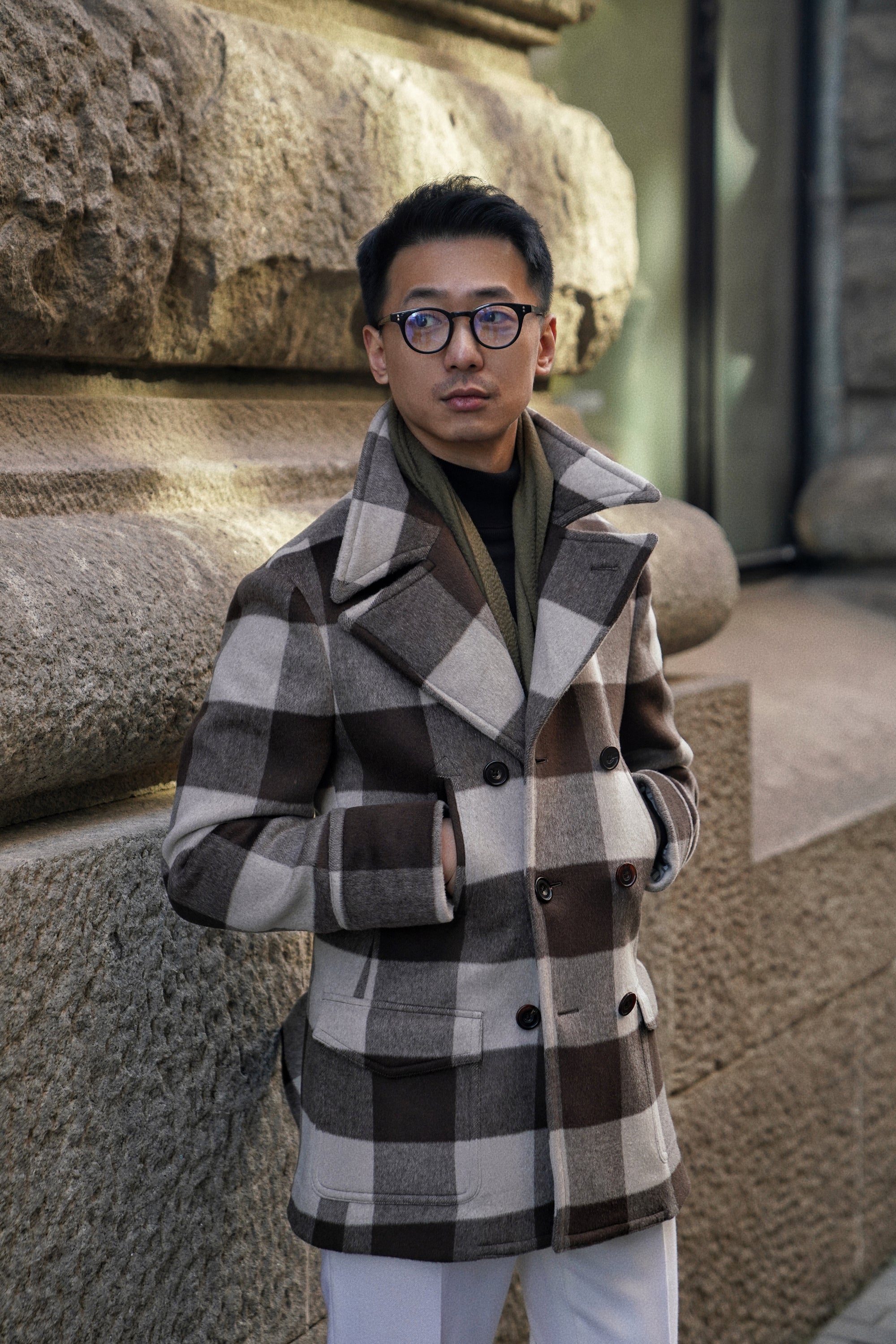 MTO Brown Plaid Wool Silk Cashmere Peacoat