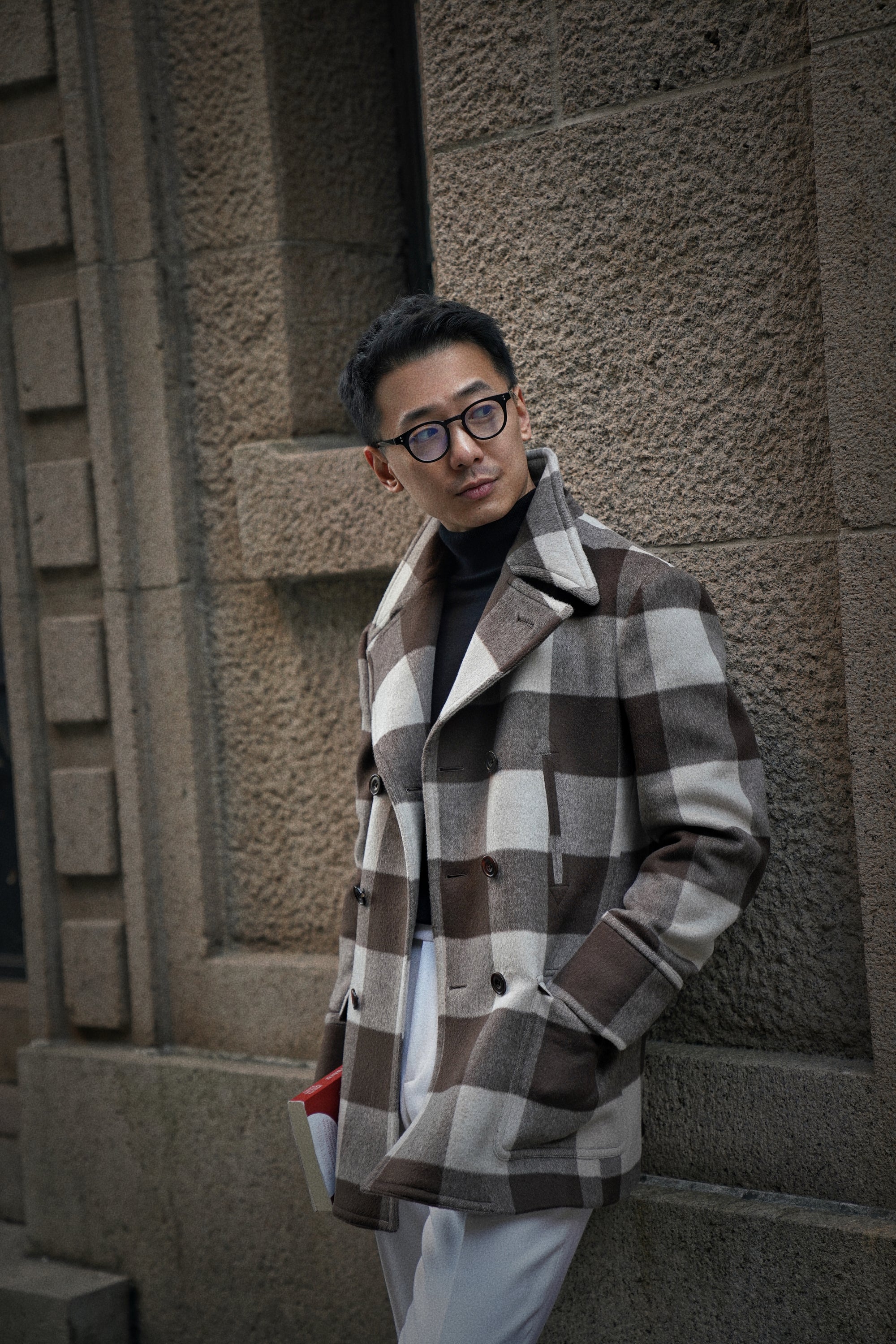MTO Brown Plaid Wool Silk Cashmere Peacoat